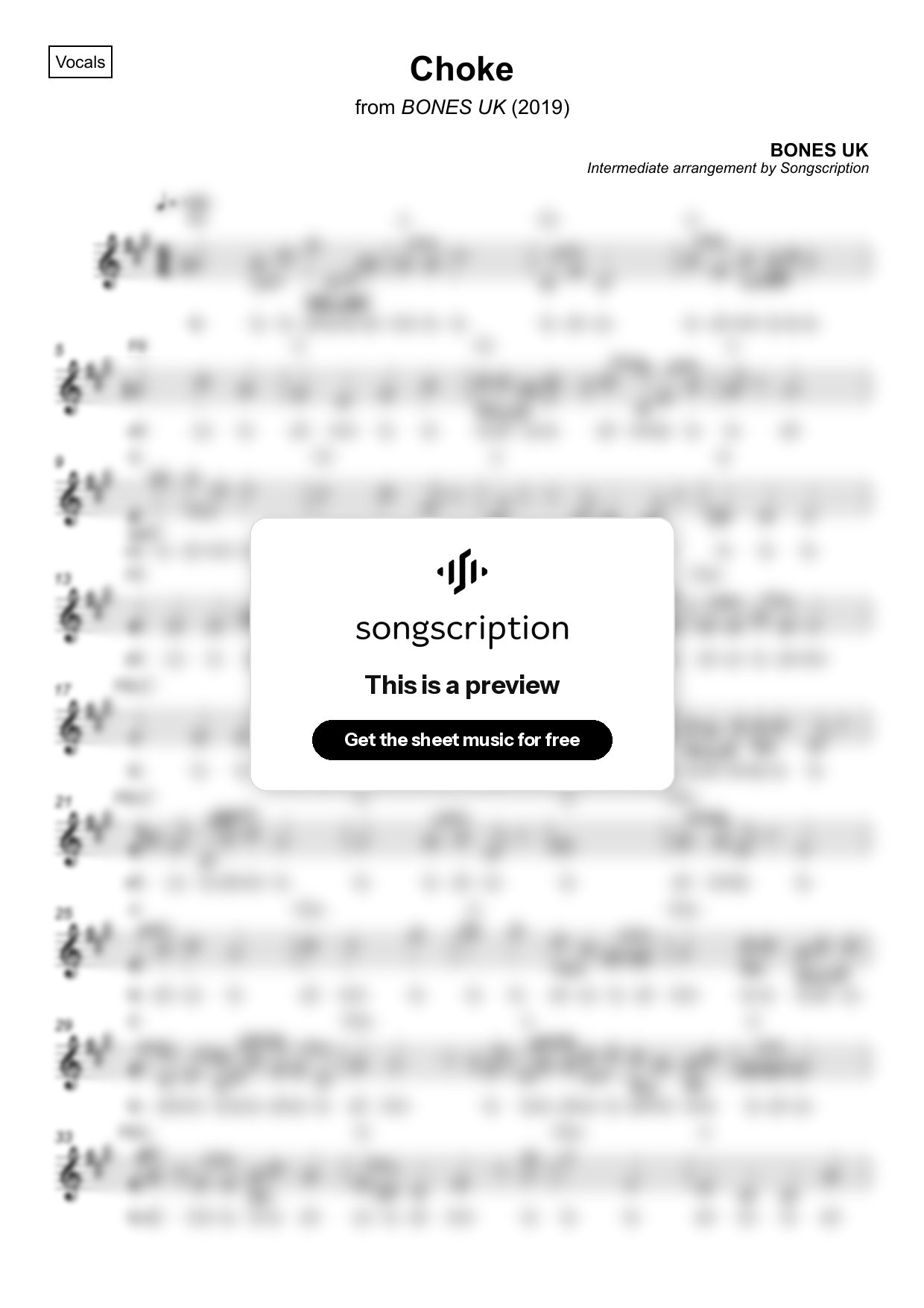 Intermediate Vocals Sheet Music for "Choke" by BONES UK