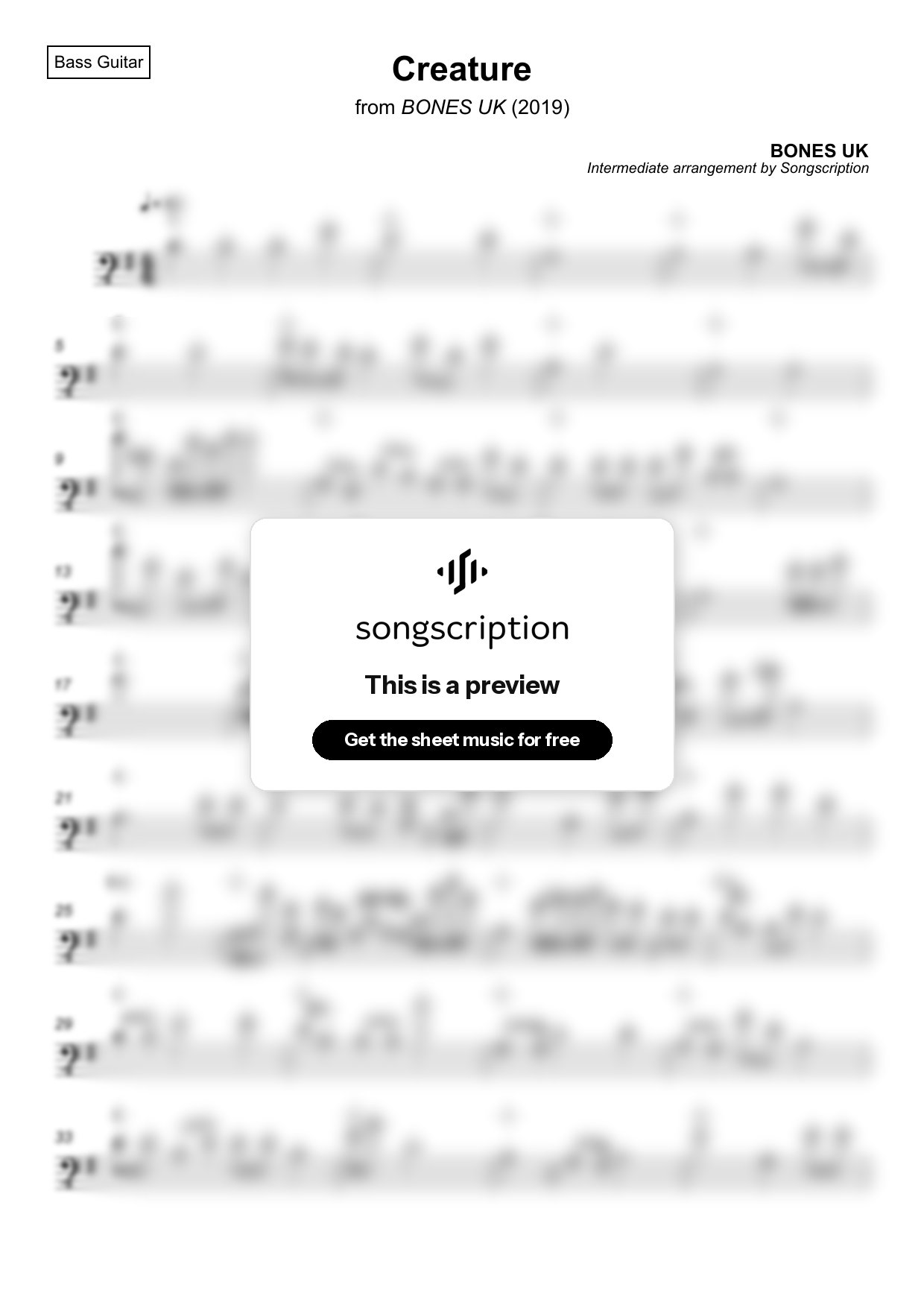 Intermediate Bass Guitar Sheet Music for "Creature" by BONES UK