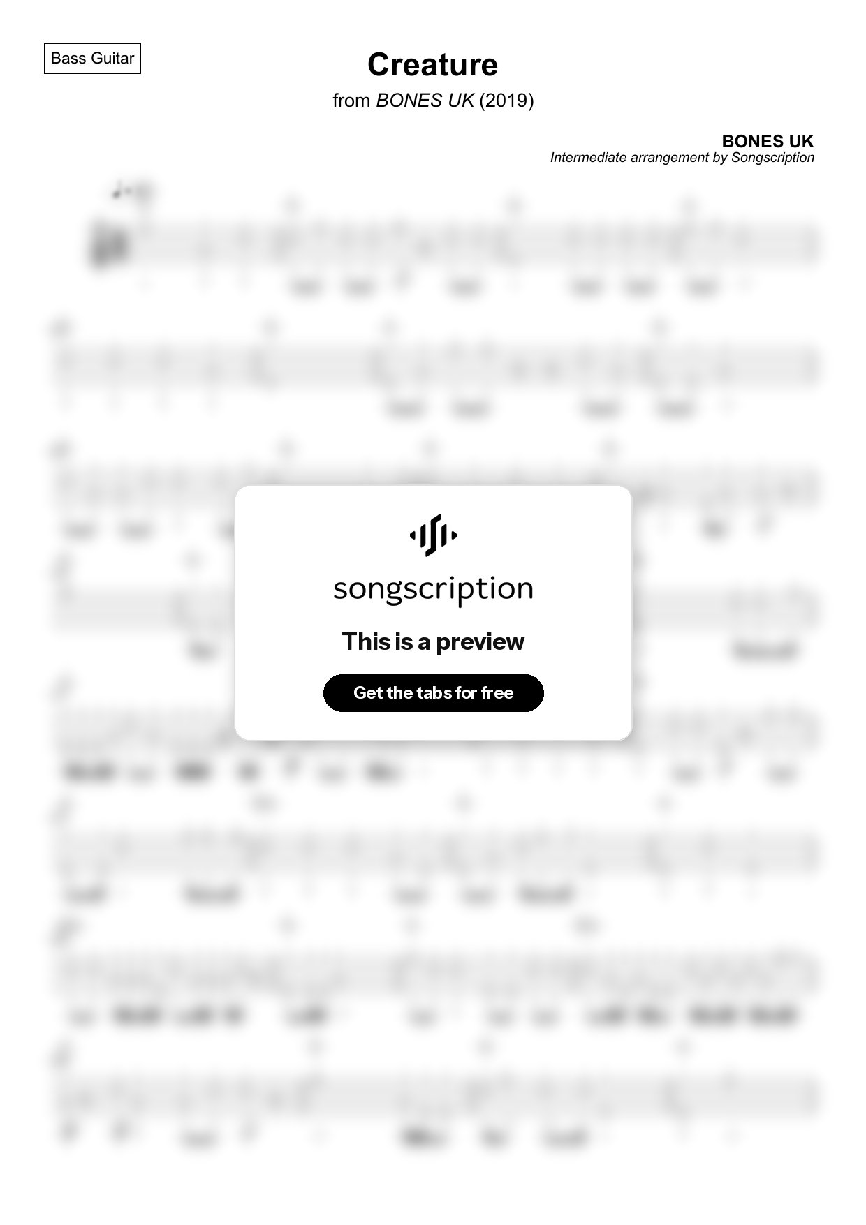 Intermediate Bass Guitar Tabs for "Creature" by BONES UK
