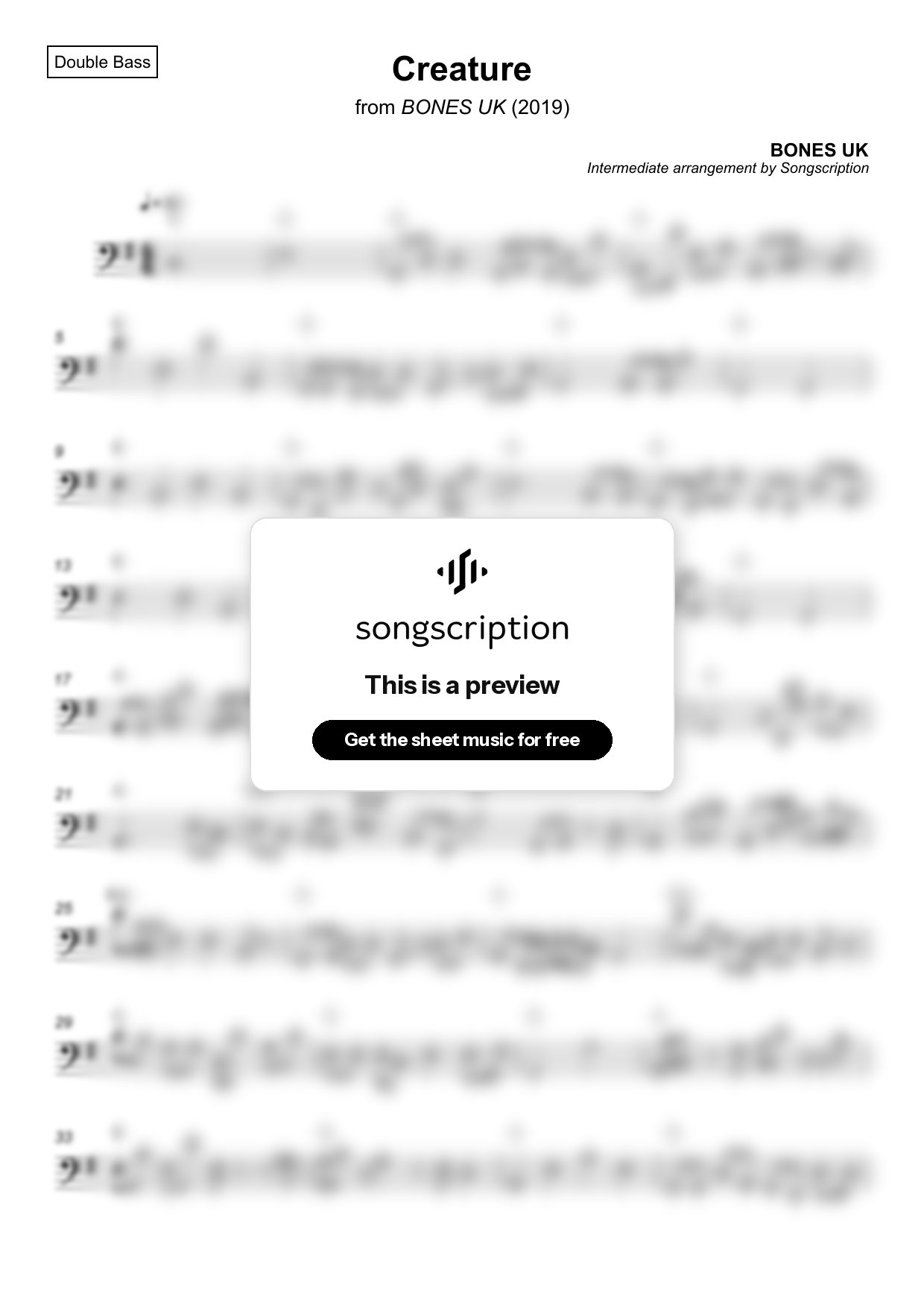 Intermediate Double Bass Sheet Music for "Creature" by BONES UK
