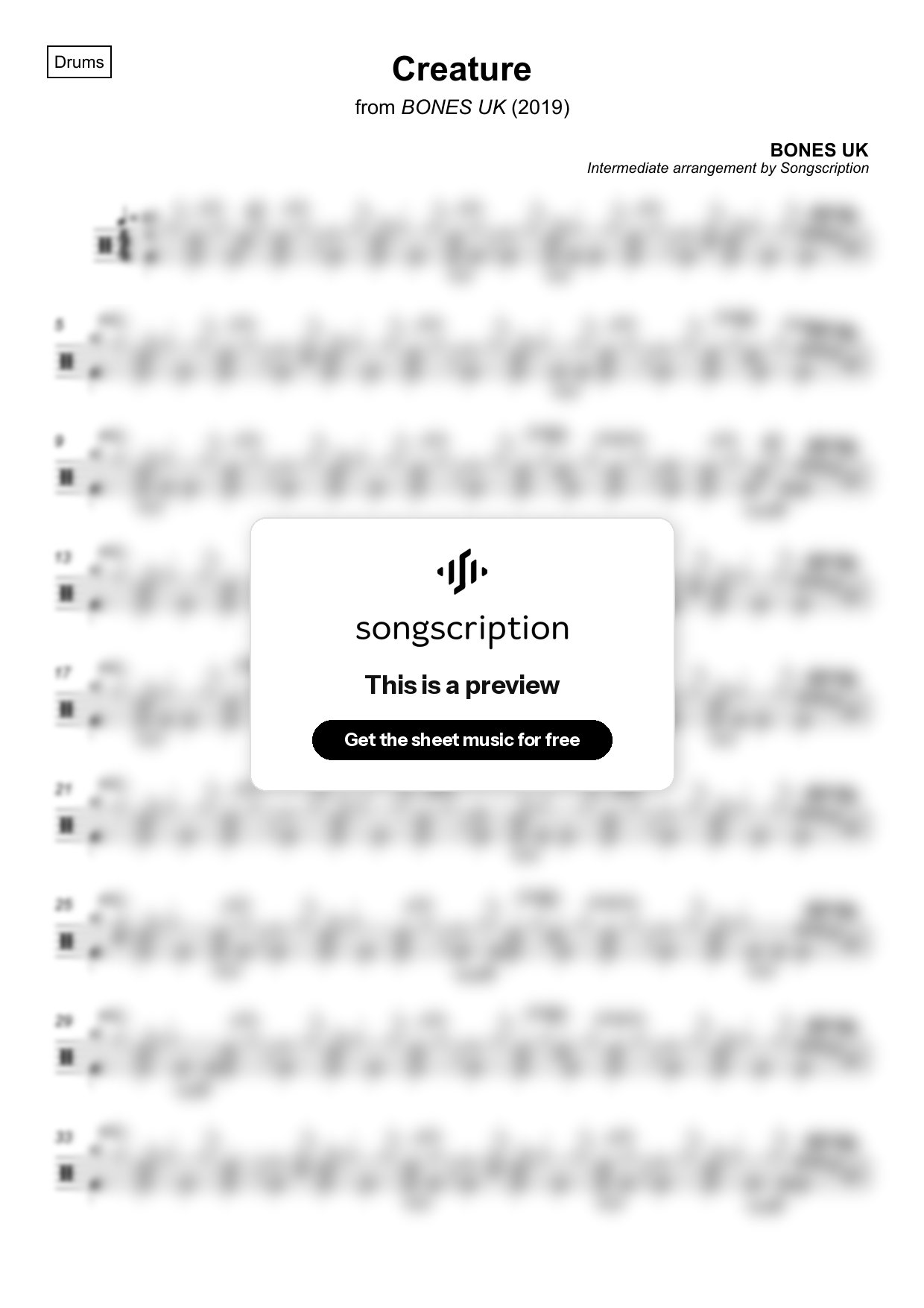 Intermediate Drums Sheet Music for "Creature" by BONES UK
