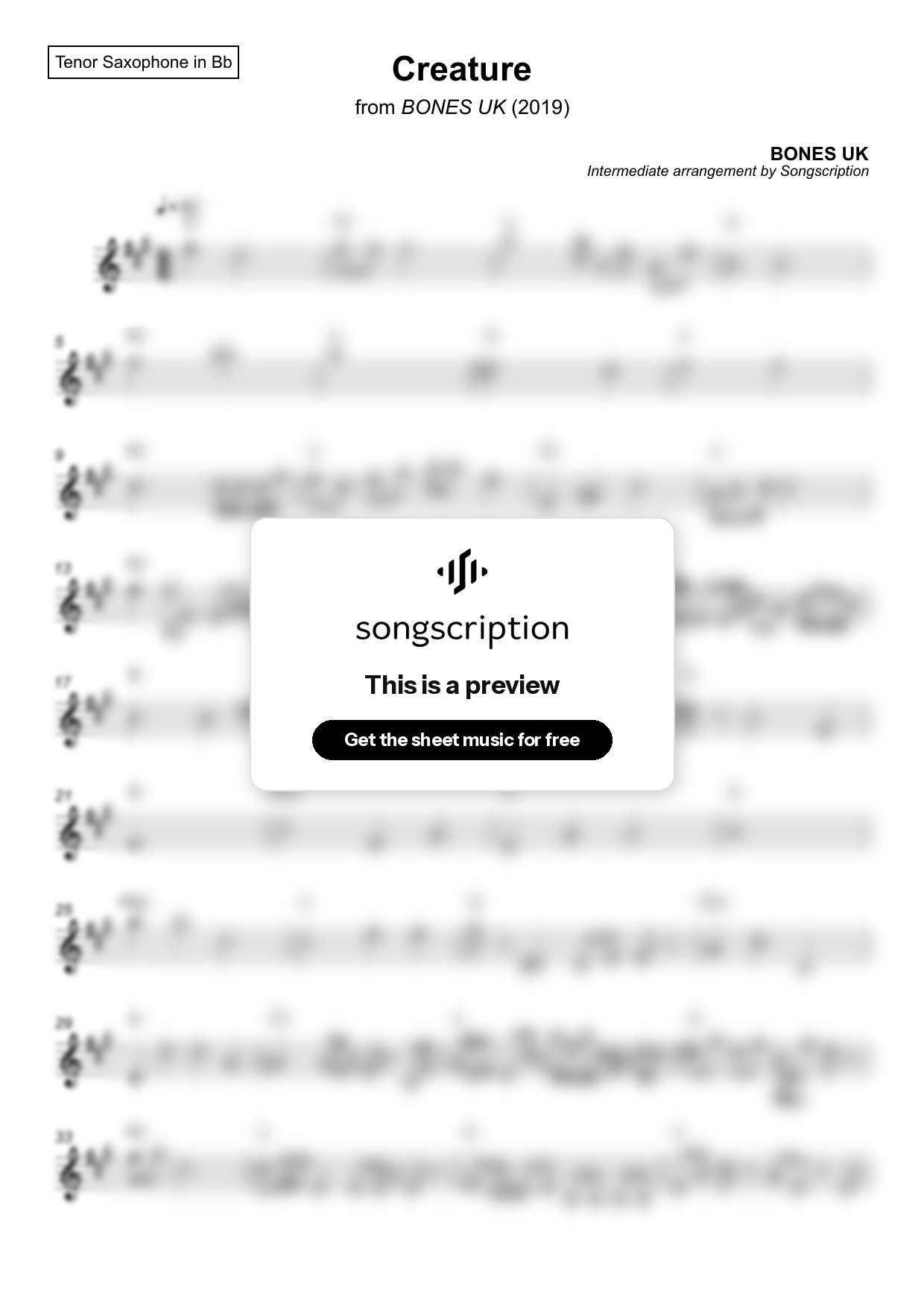 Intermediate Tenor Sax Sheet Music for "Creature" by BONES UK