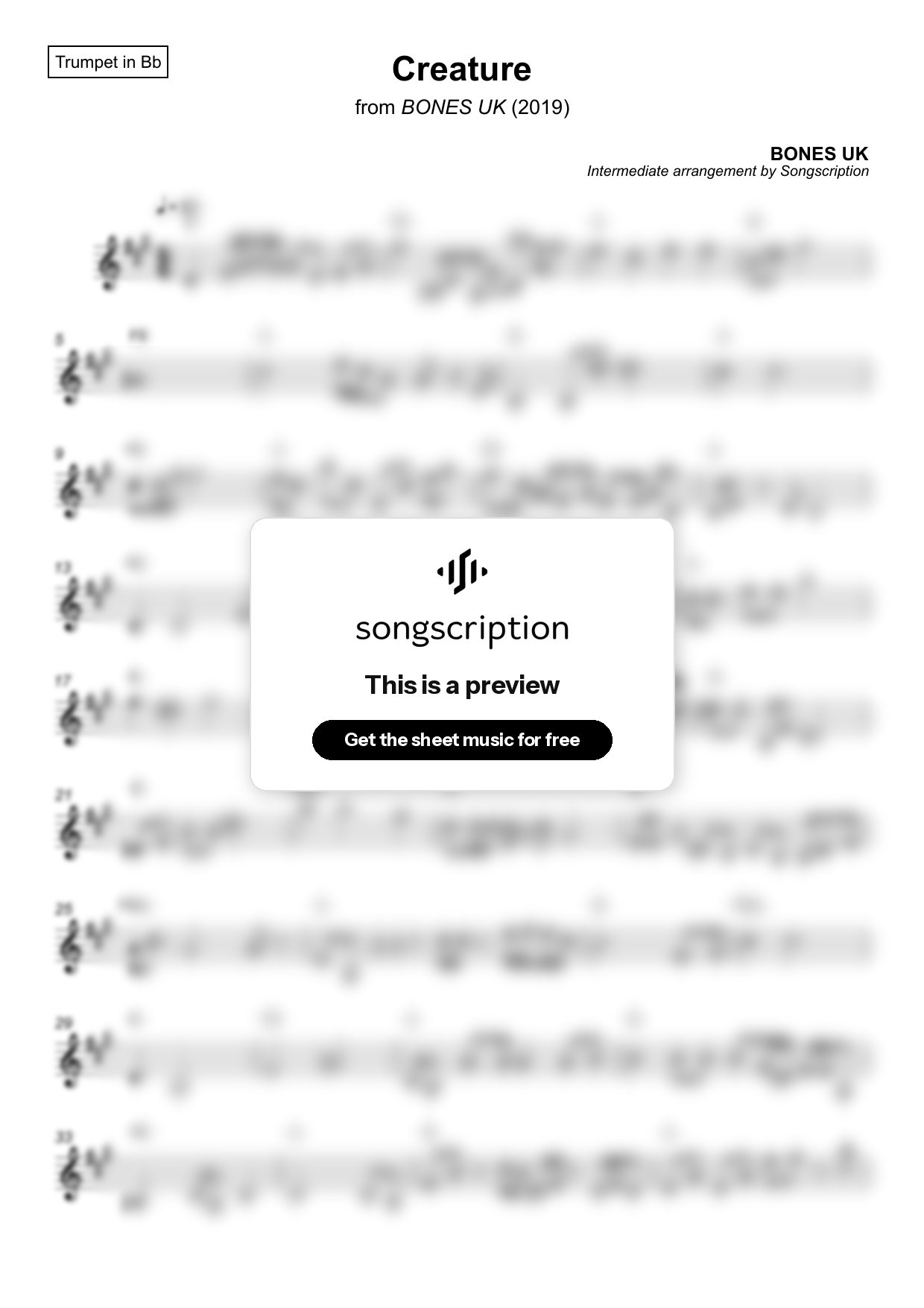 Intermediate Trumpet Sheet Music for "Creature" by BONES UK