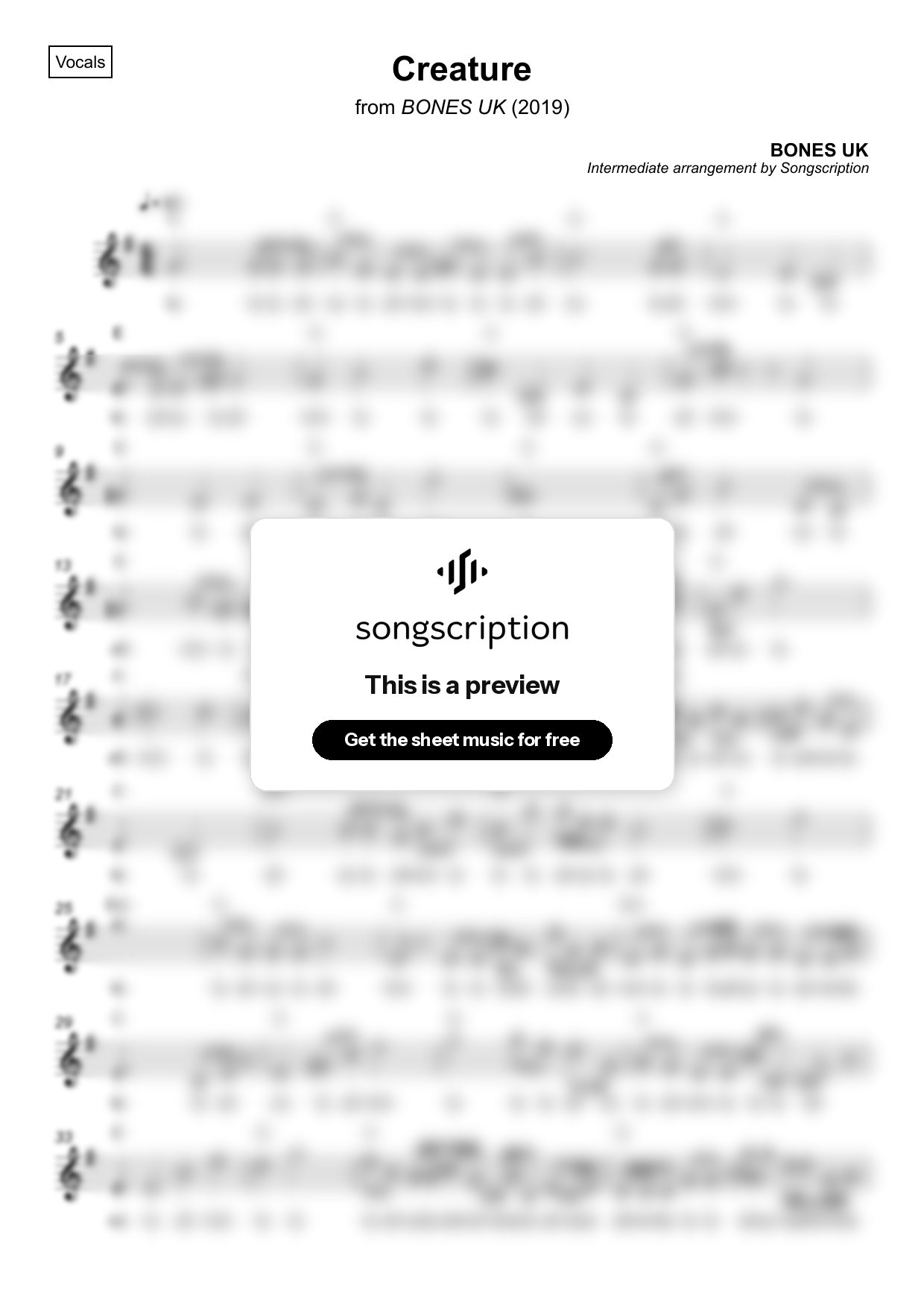 Intermediate Vocals Sheet Music for "Creature" by BONES UK