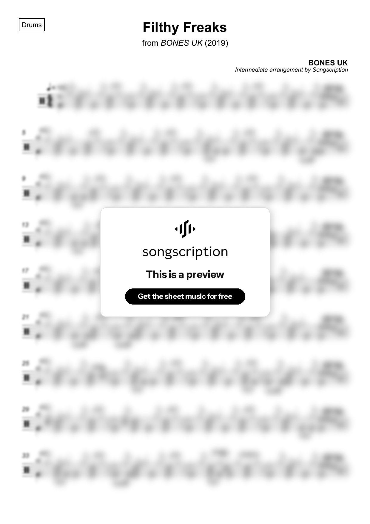 Intermediate Drums Sheet Music for "Filthy Freaks" by BONES UK