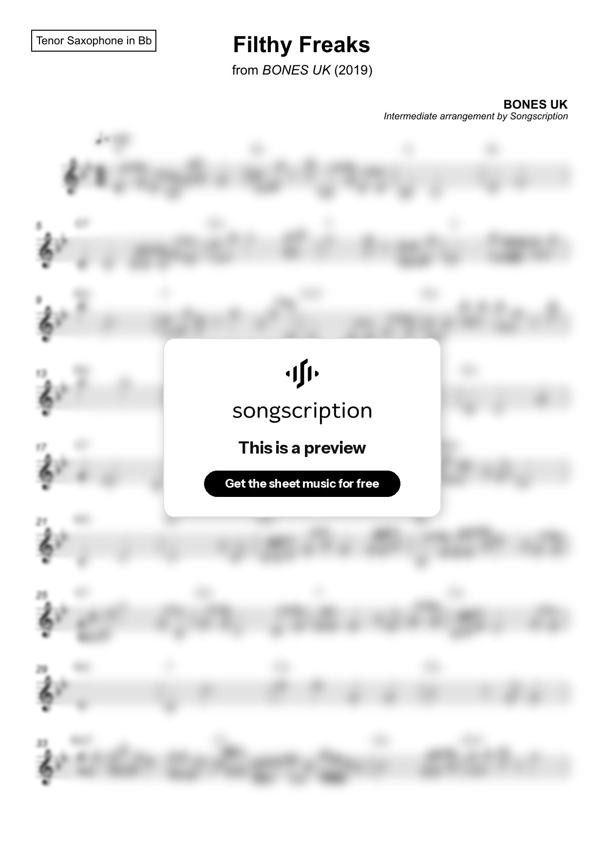 Intermediate Tenor Sax Sheet Music for "Filthy Freaks" by BONES UK