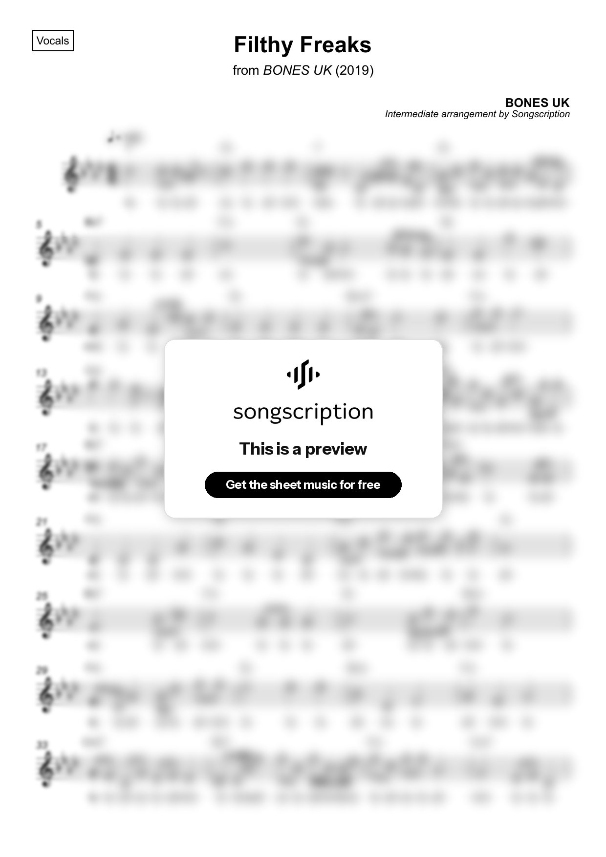 Intermediate Vocals Sheet Music for "Filthy Freaks" by BONES UK