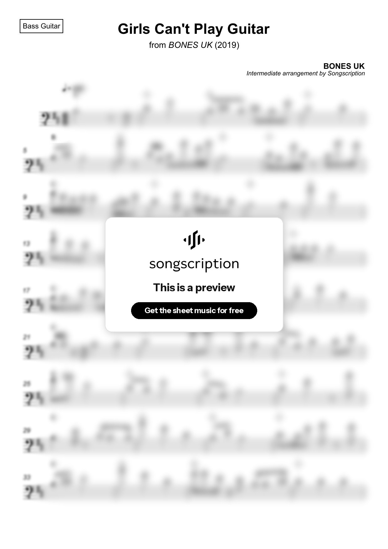 Intermediate Bass Guitar Sheet Music for "Girls Can't Play Guitar" by BONES UK