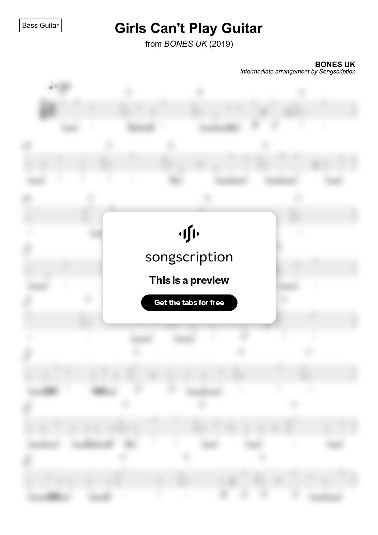 Intermediate Bass Guitar Tabs for "Girls Can't Play Guitar" by BONES UK