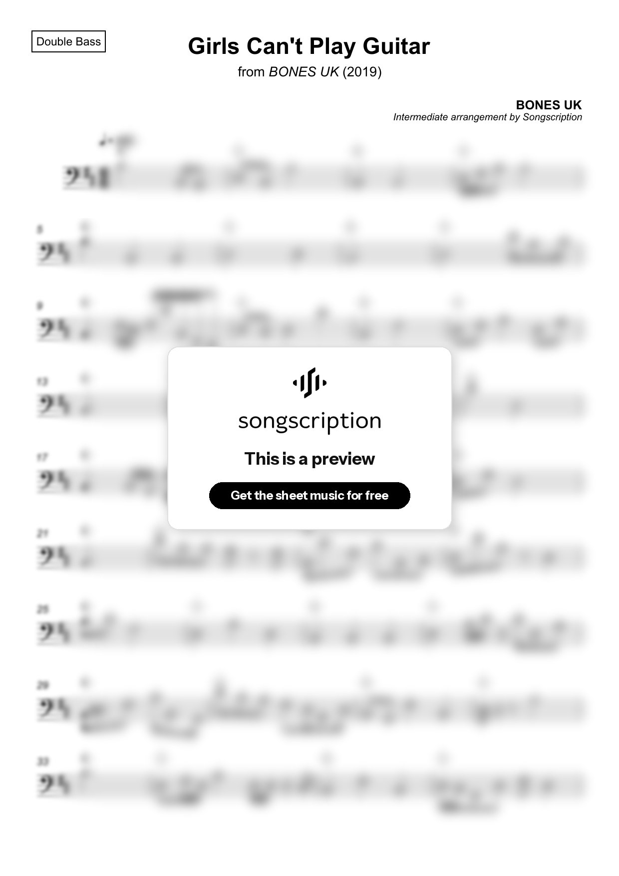 Intermediate Double Bass Sheet Music for "Girls Can't Play Guitar" by BONES UK