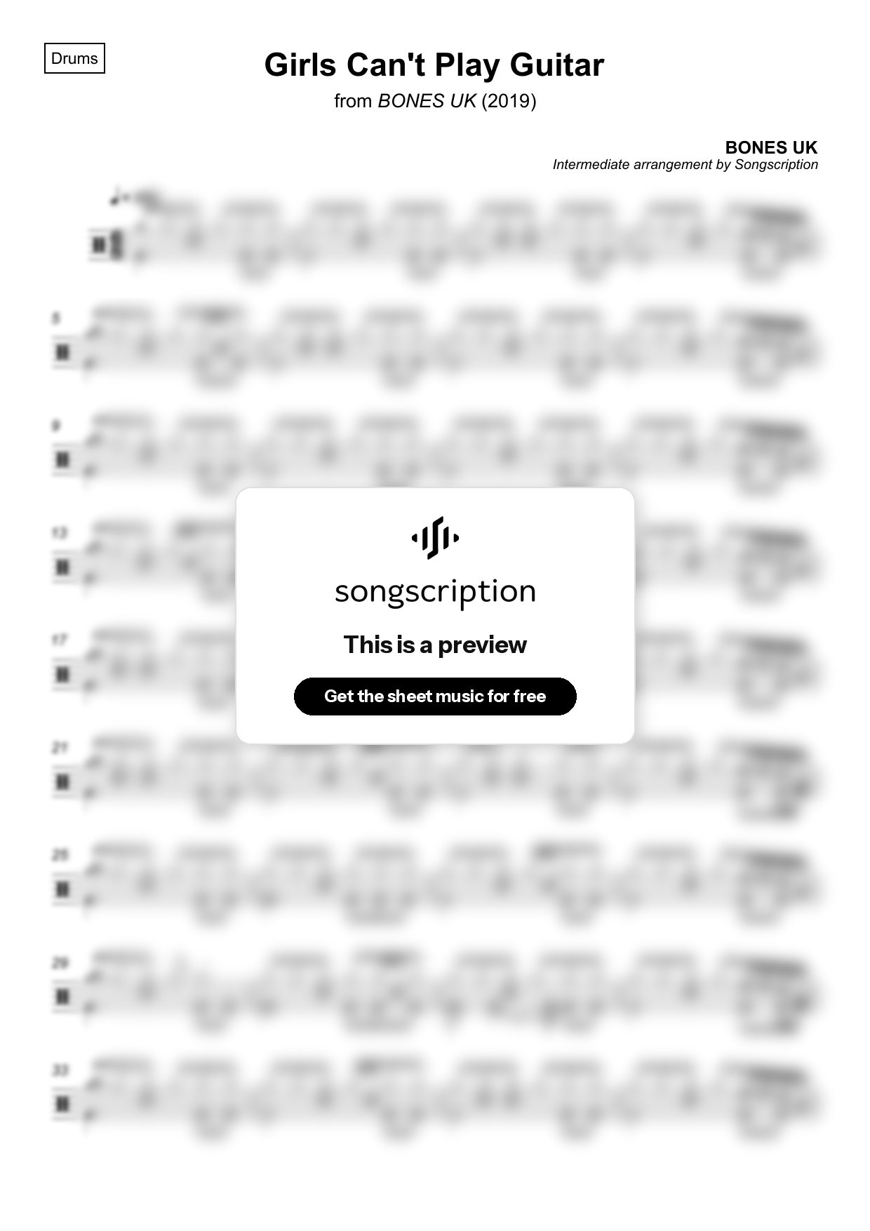 Intermediate Drums Sheet Music for "Girls Can't Play Guitar" by BONES UK