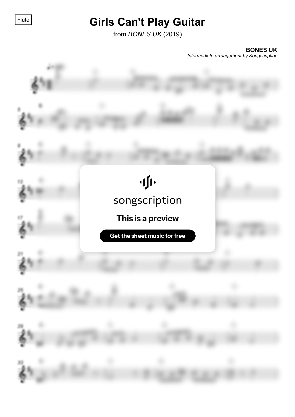Intermediate Flute Sheet Music for "Girls Can't Play Guitar" by BONES UK