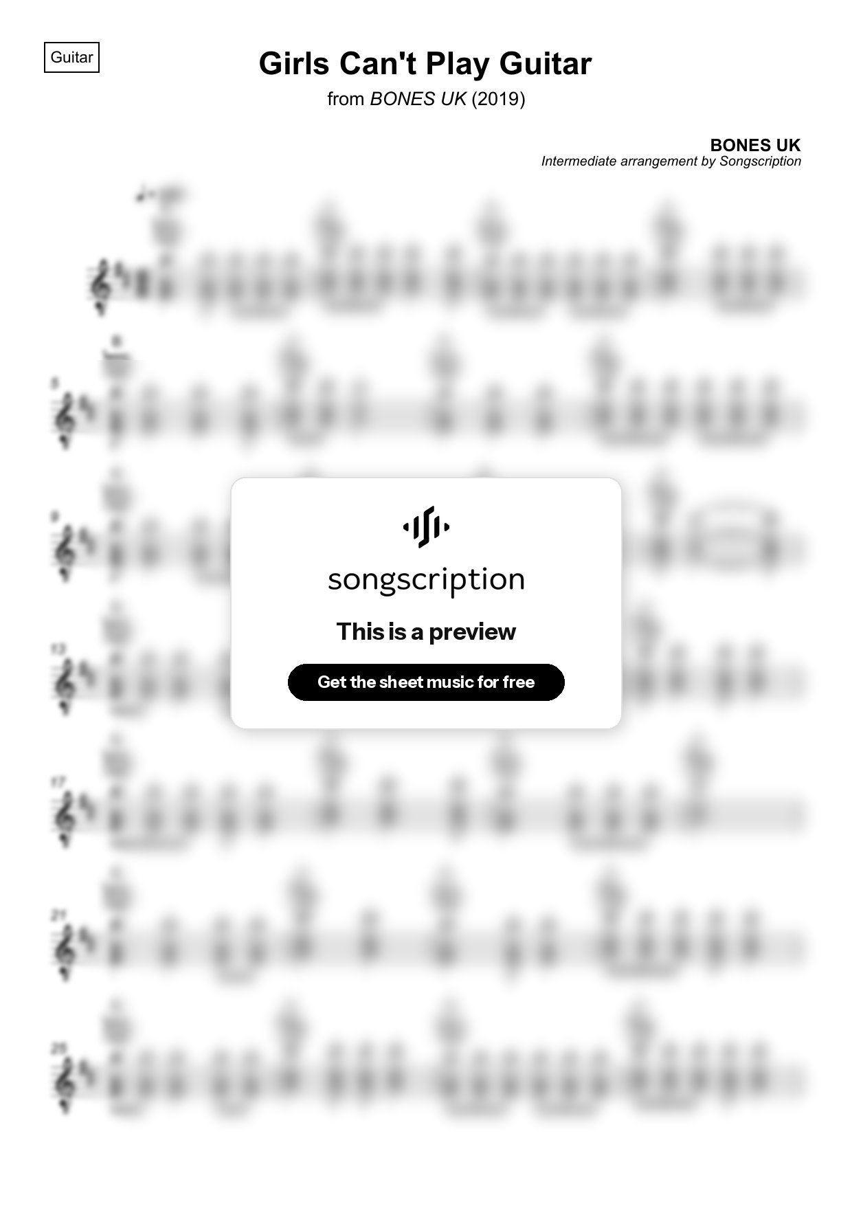 Intermediate Acoustic Guitar Sheet Music for "Girls Can't Play Guitar" by BONES UK
