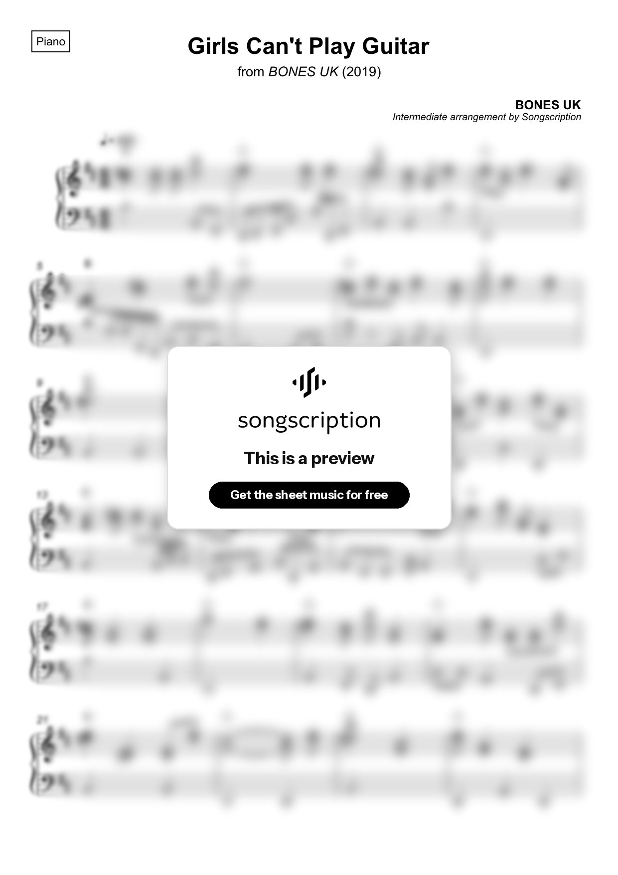 Intermediate Piano Sheet Music for "Girls Can't Play Guitar" by BONES UK