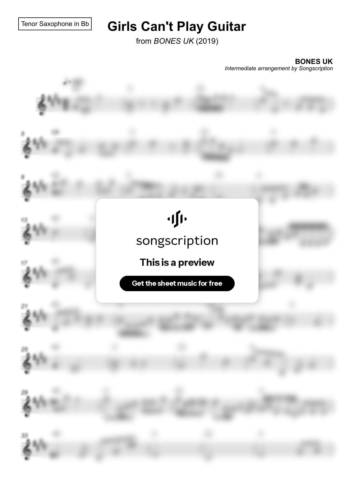 Intermediate Tenor Sax Sheet Music for "Girls Can't Play Guitar" by BONES UK