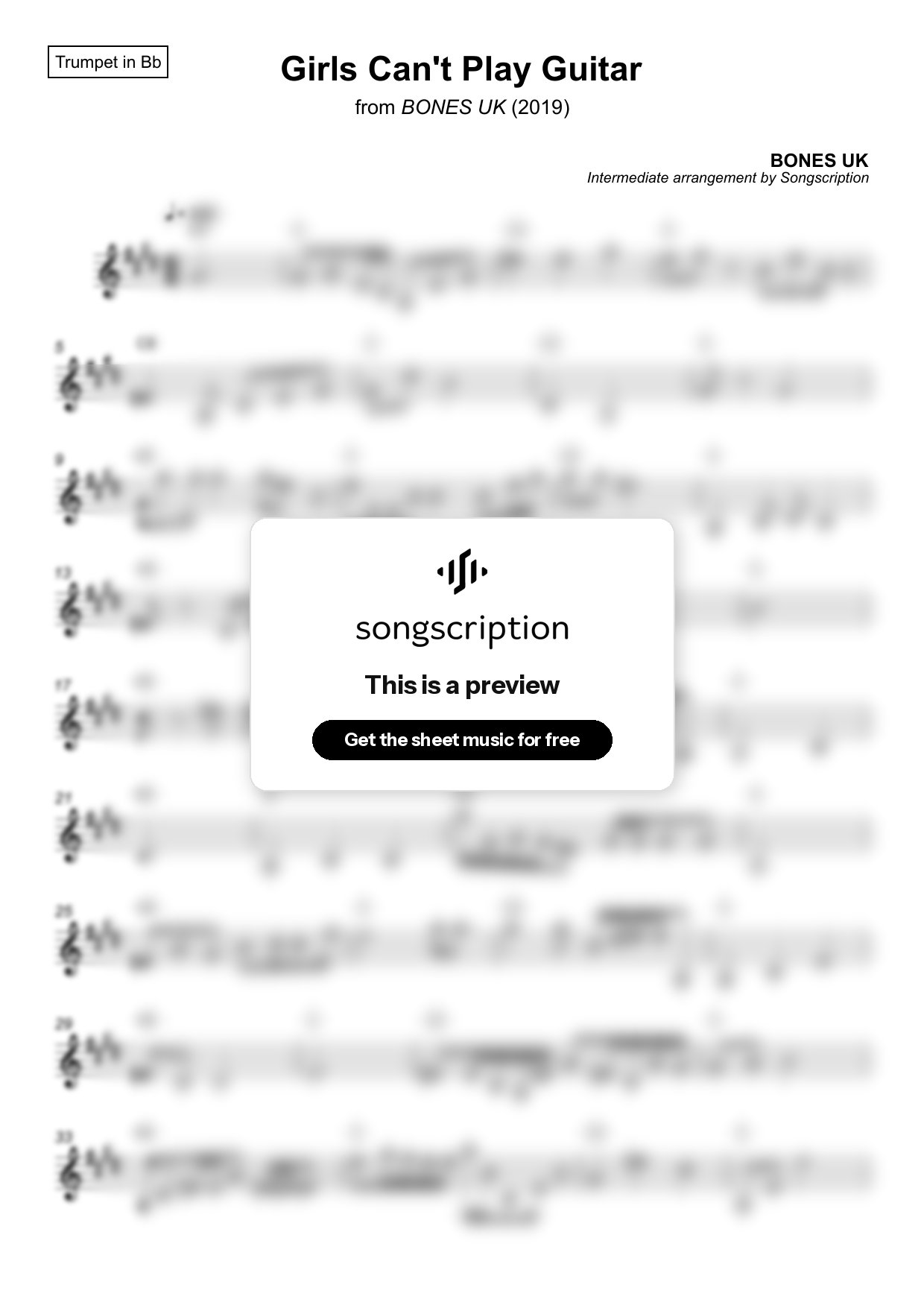 Intermediate Trumpet Sheet Music for "Girls Can't Play Guitar" by BONES UK