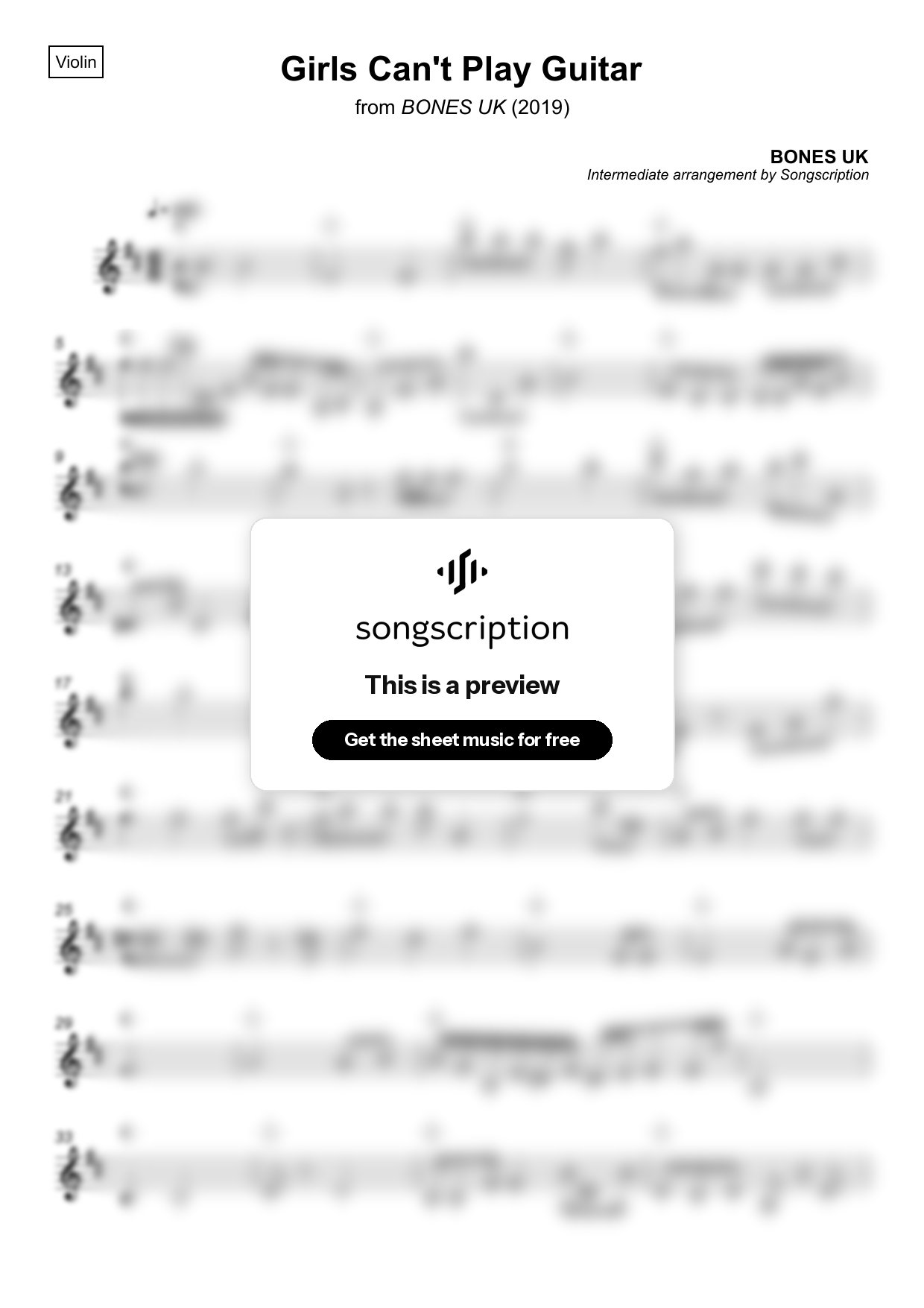 Intermediate Violin Sheet Music for "Girls Can't Play Guitar" by BONES UK