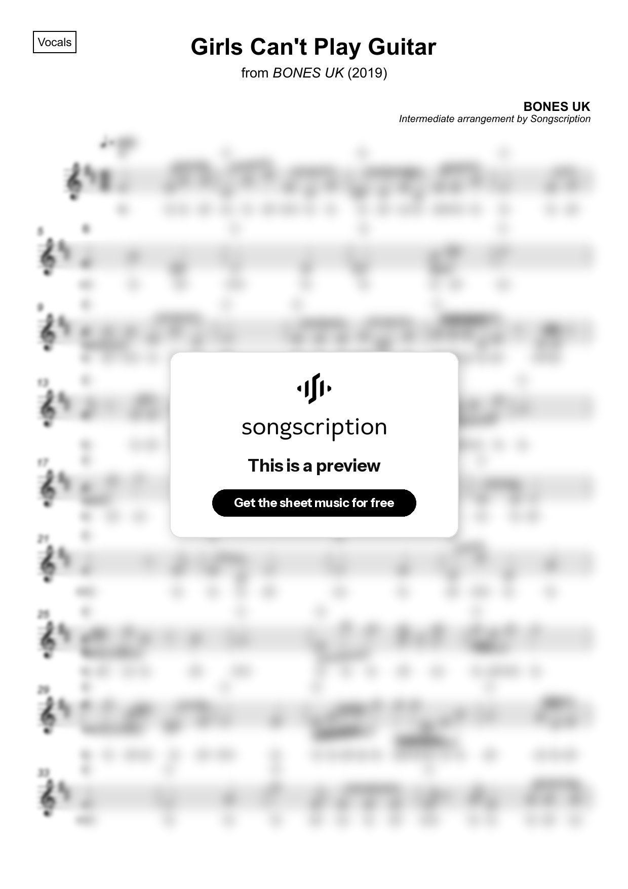 Intermediate Vocals Sheet Music for "Girls Can't Play Guitar" by BONES UK