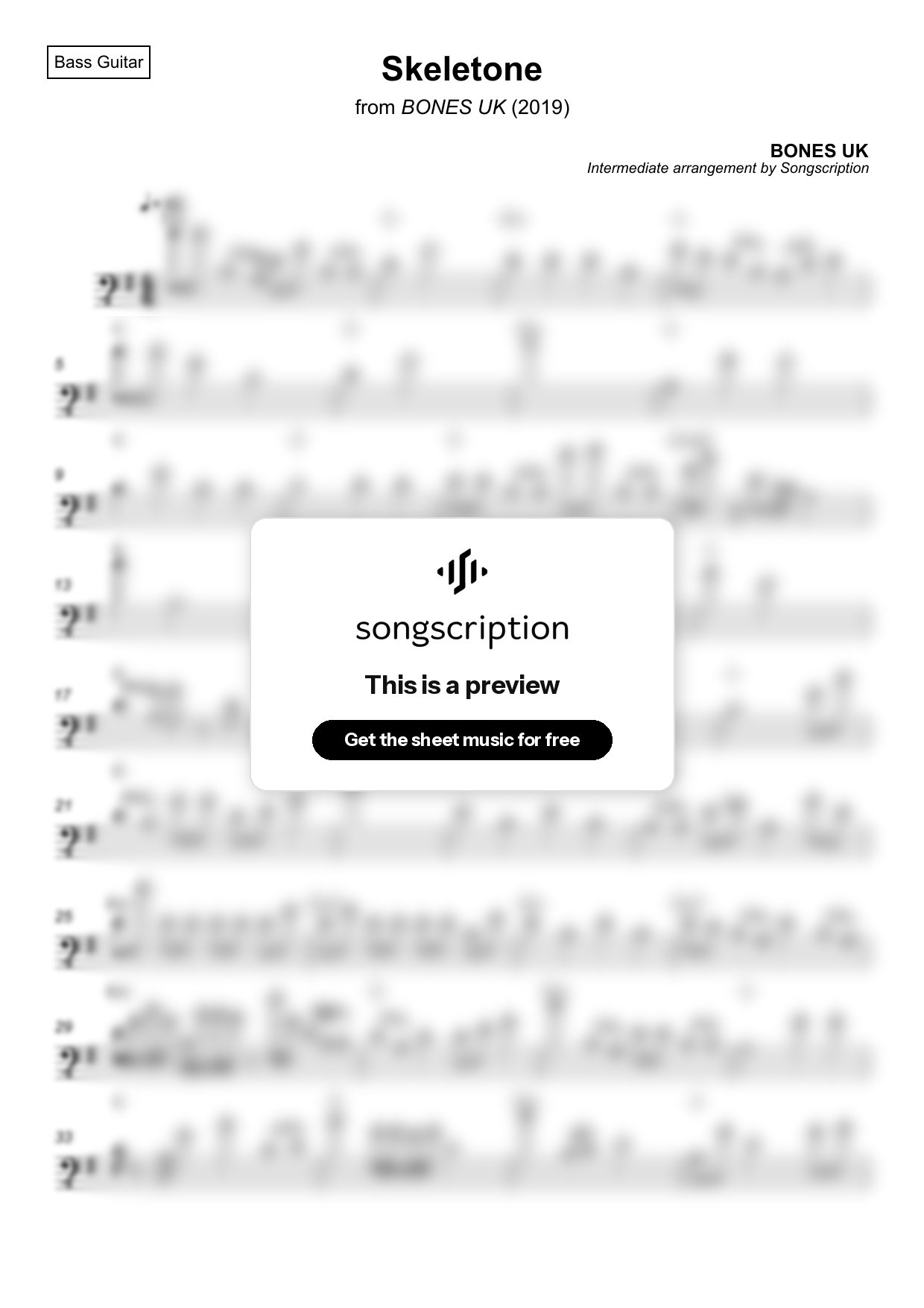 Intermediate Bass Guitar Sheet Music for "Skeletone" by BONES UK
