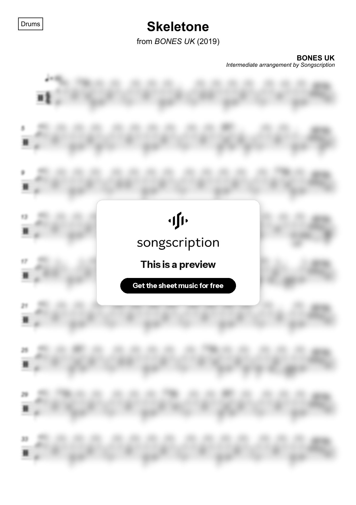 Intermediate Drums Sheet Music for "Skeletone" by BONES UK
