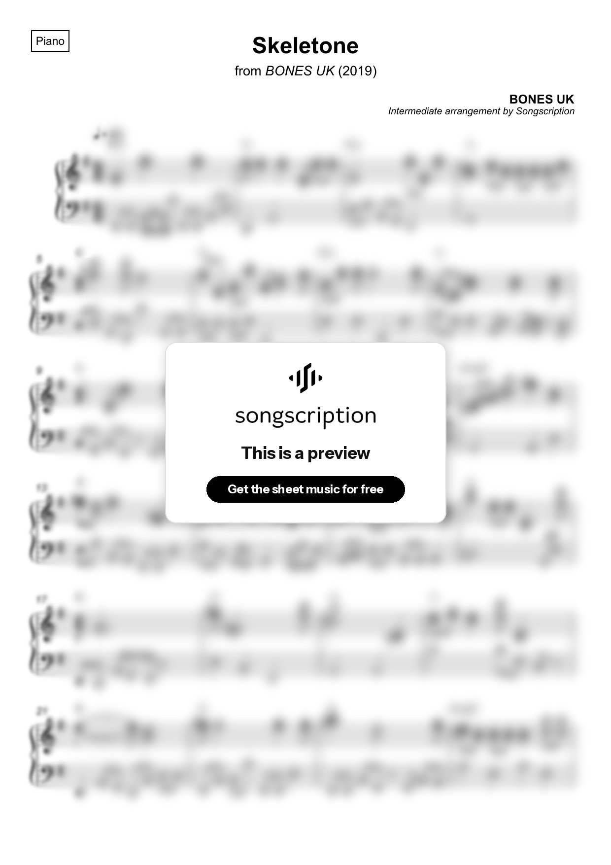 Intermediate Piano Sheet Music for "Skeletone" by BONES UK