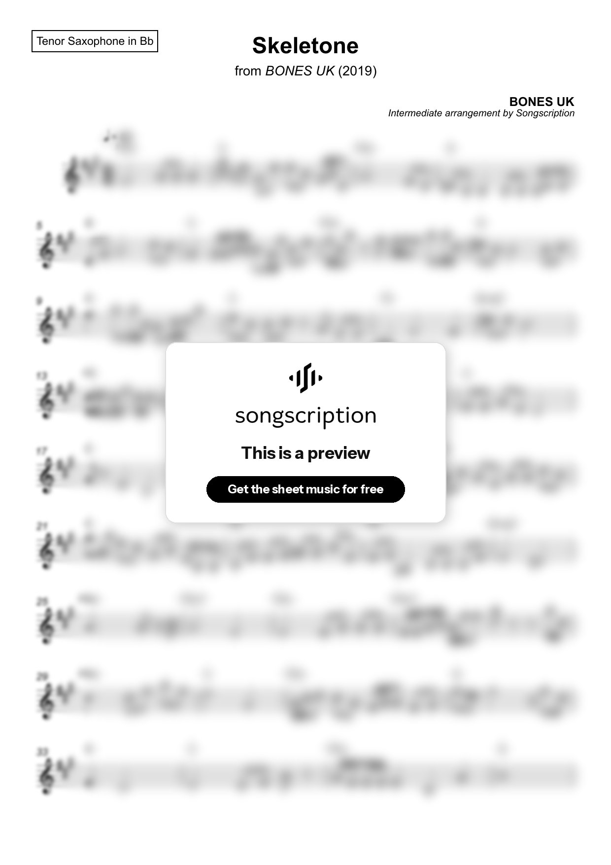 Intermediate Tenor Sax Sheet Music for "Skeletone" by BONES UK