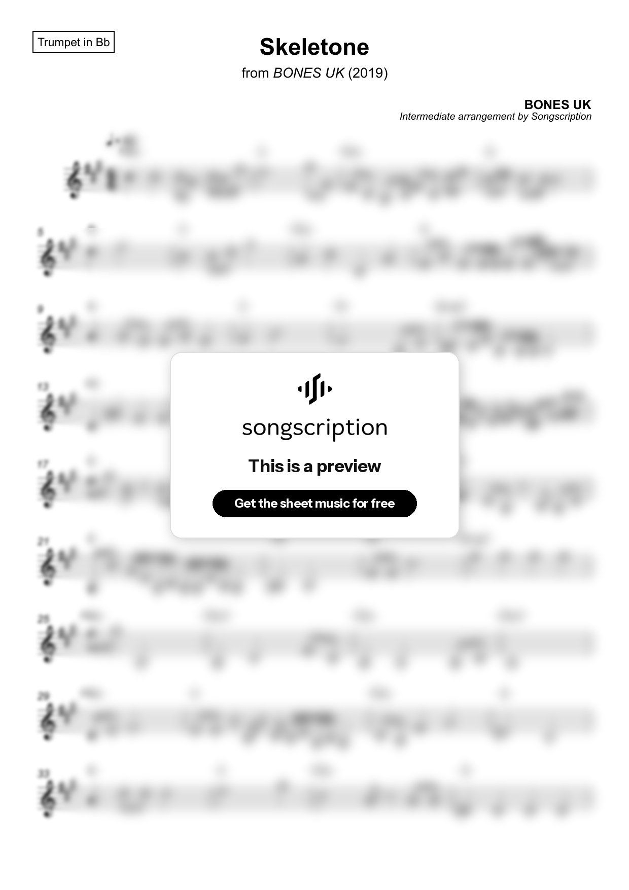 Intermediate Trumpet Sheet Music for "Skeletone" by BONES UK