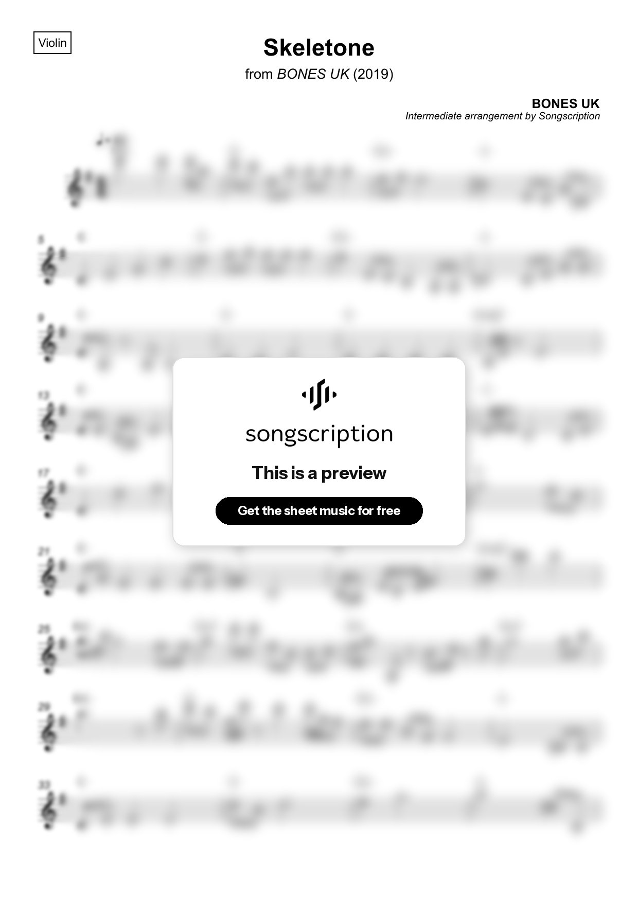 Intermediate Violin Sheet Music for "Skeletone" by BONES UK