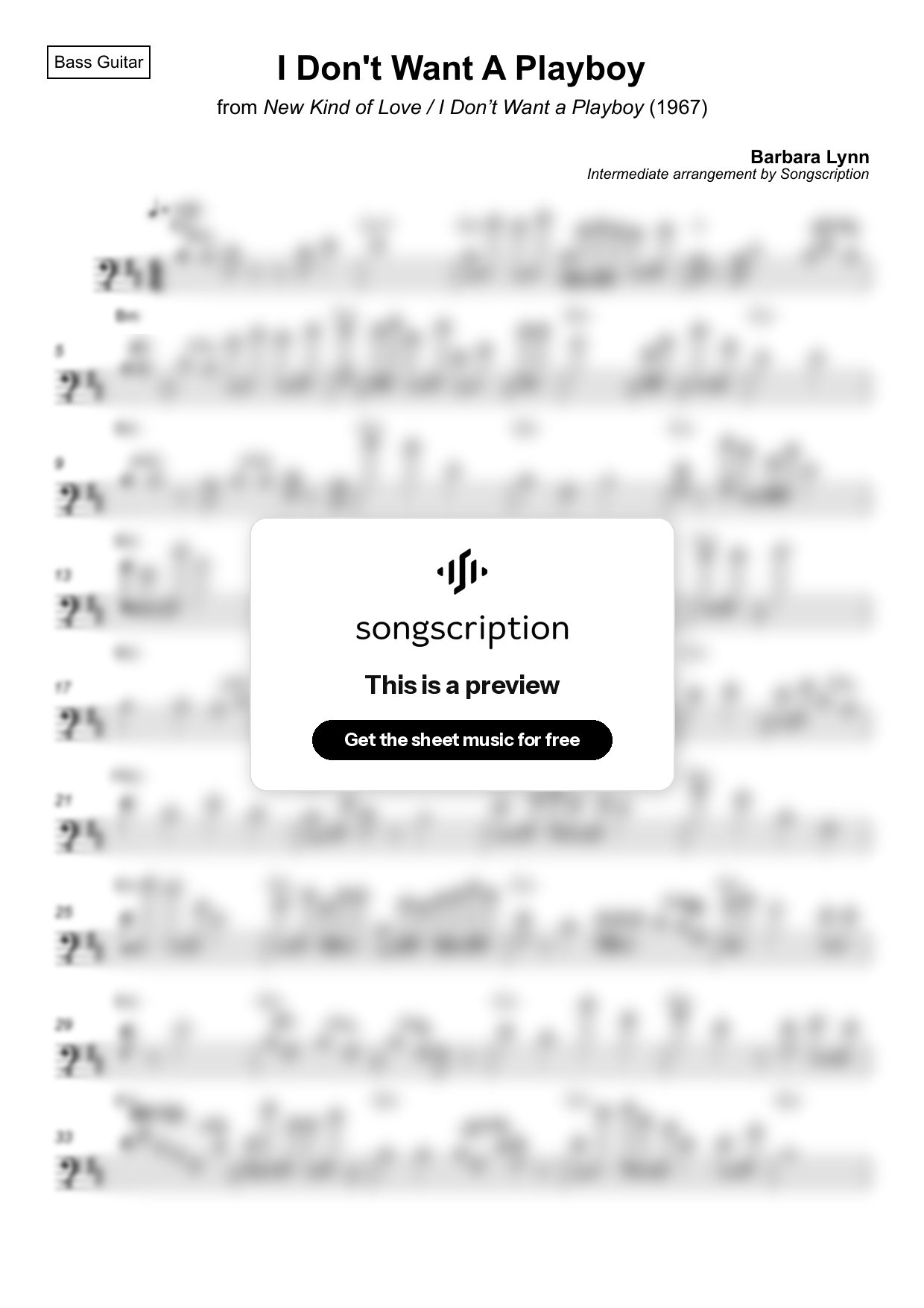 Intermediate Bass Guitar Sheet Music for "I Don't Want A Playboy" by Barbara Lynn