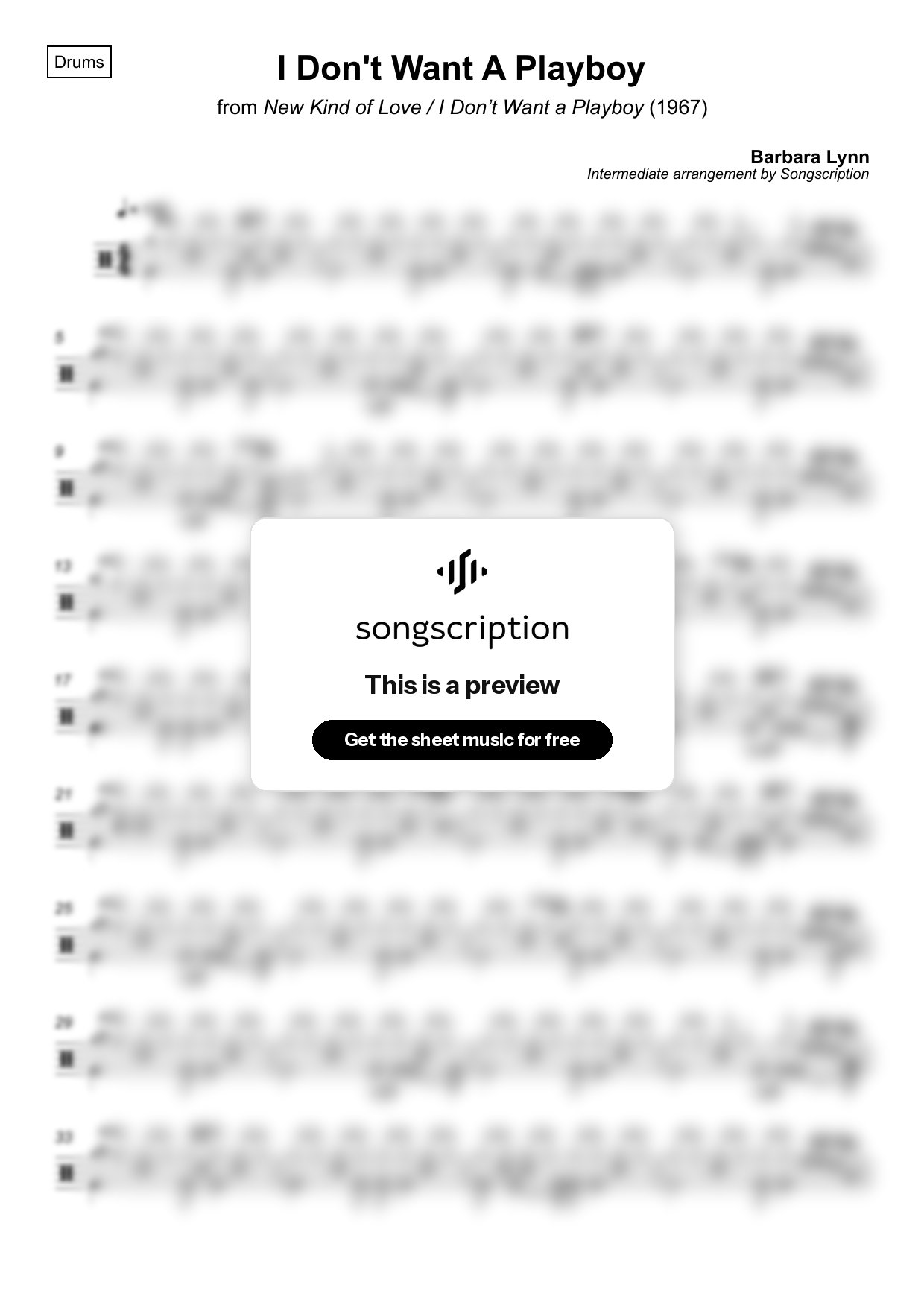 Intermediate Drums Sheet Music for "I Don't Want A Playboy" by Barbara Lynn