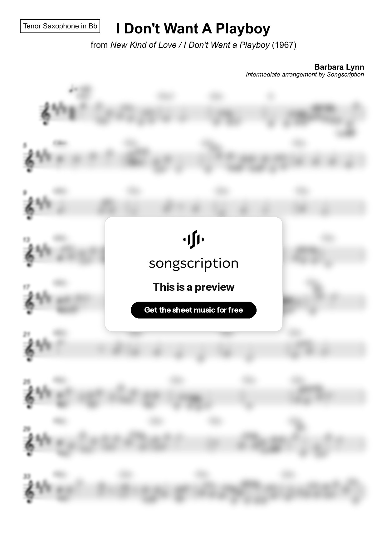 Intermediate Tenor Sax Sheet Music for "I Don't Want A Playboy" by Barbara Lynn