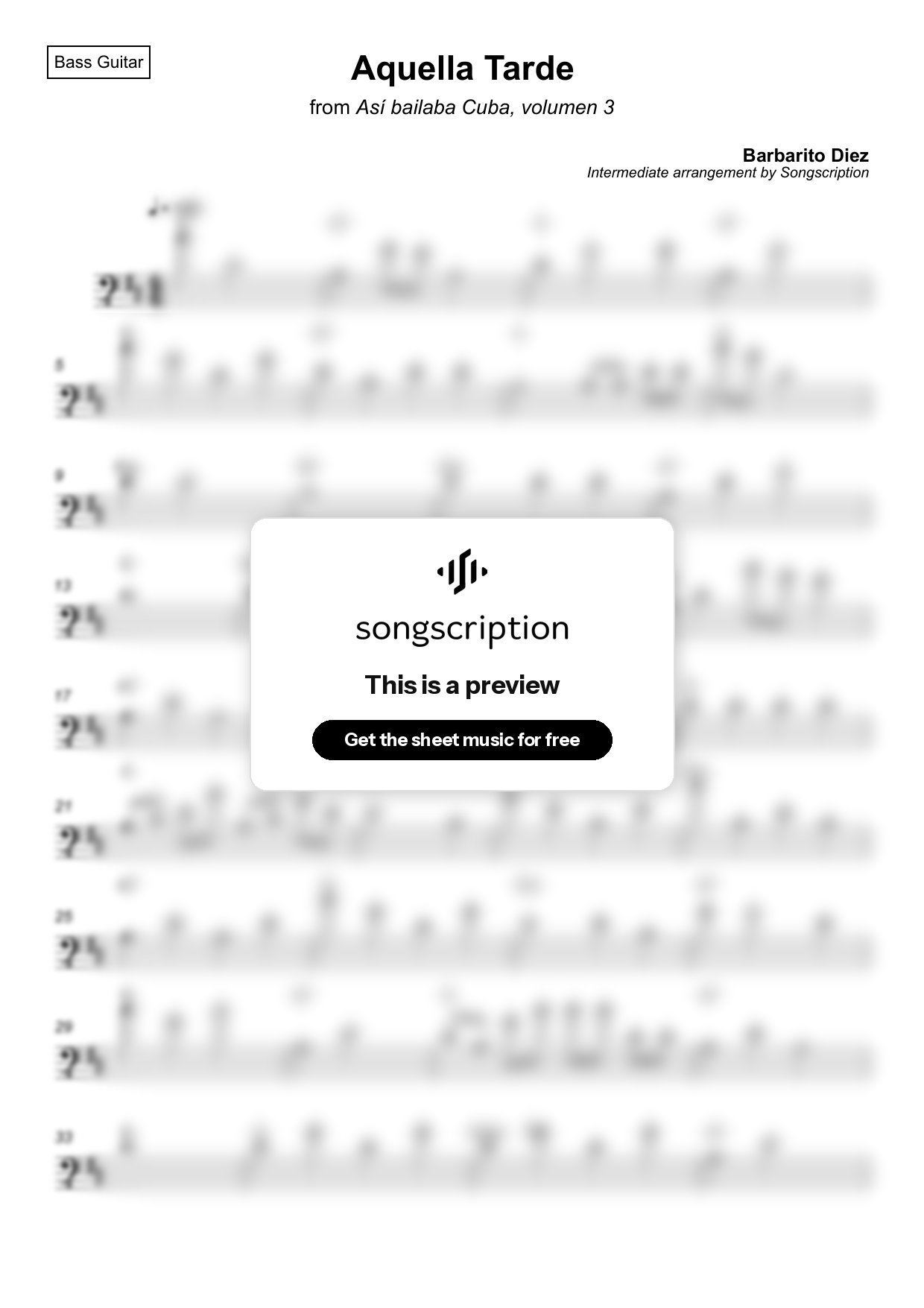 Intermediate Bass Guitar Sheet Music for "Aquella Tarde" by Barbarito Diez