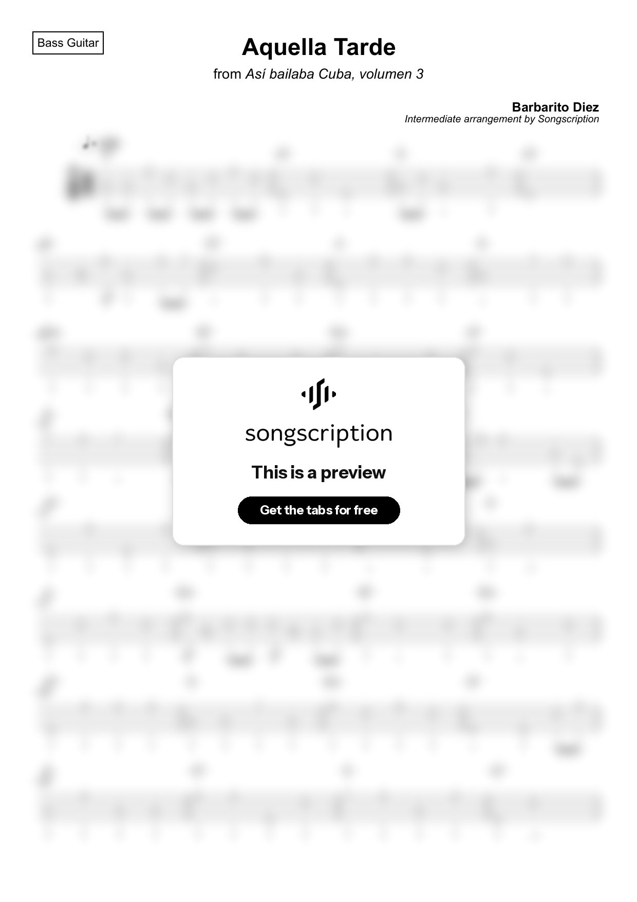 Intermediate Bass Guitar Tabs for "Aquella Tarde" by Barbarito Diez