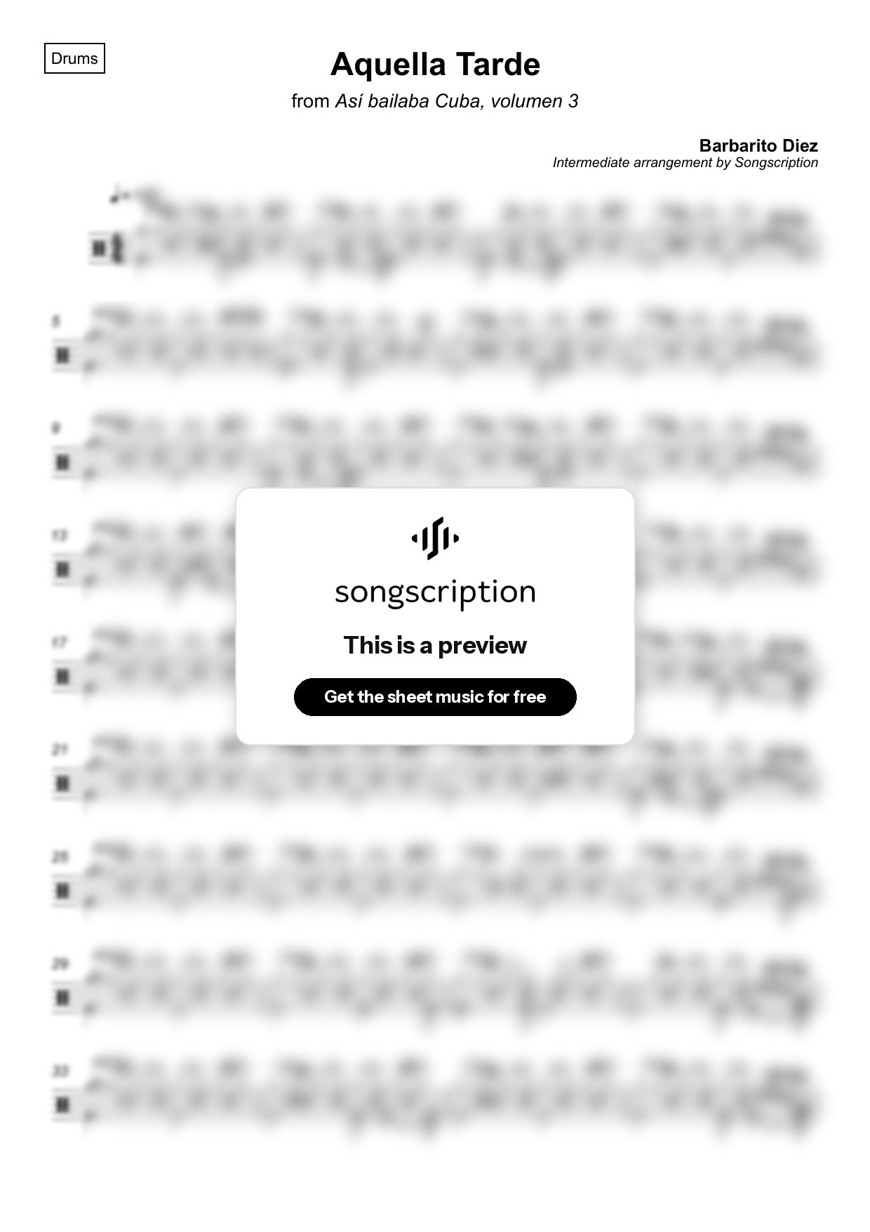 Intermediate Drums Sheet Music for "Aquella Tarde" by Barbarito Diez