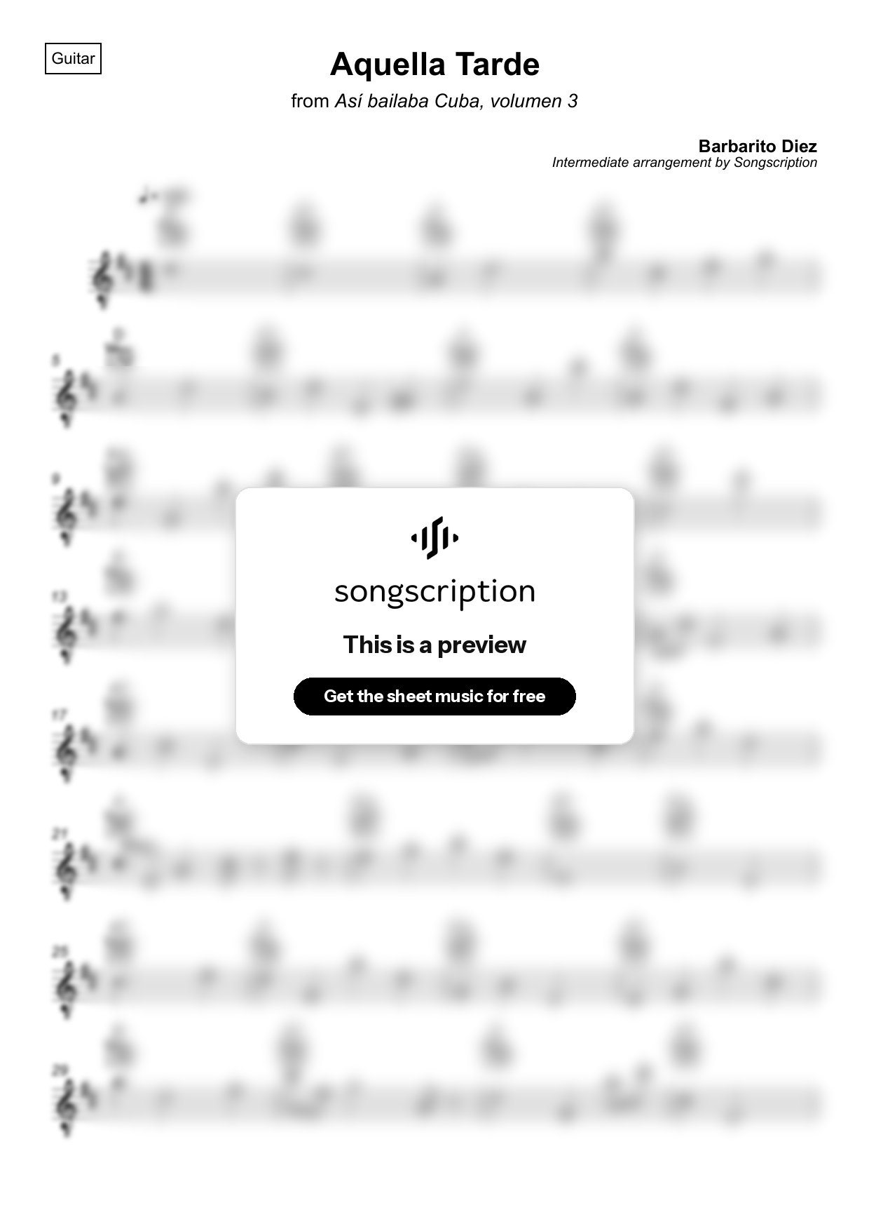 Intermediate Acoustic Guitar Sheet Music for "Aquella Tarde" by Barbarito Diez