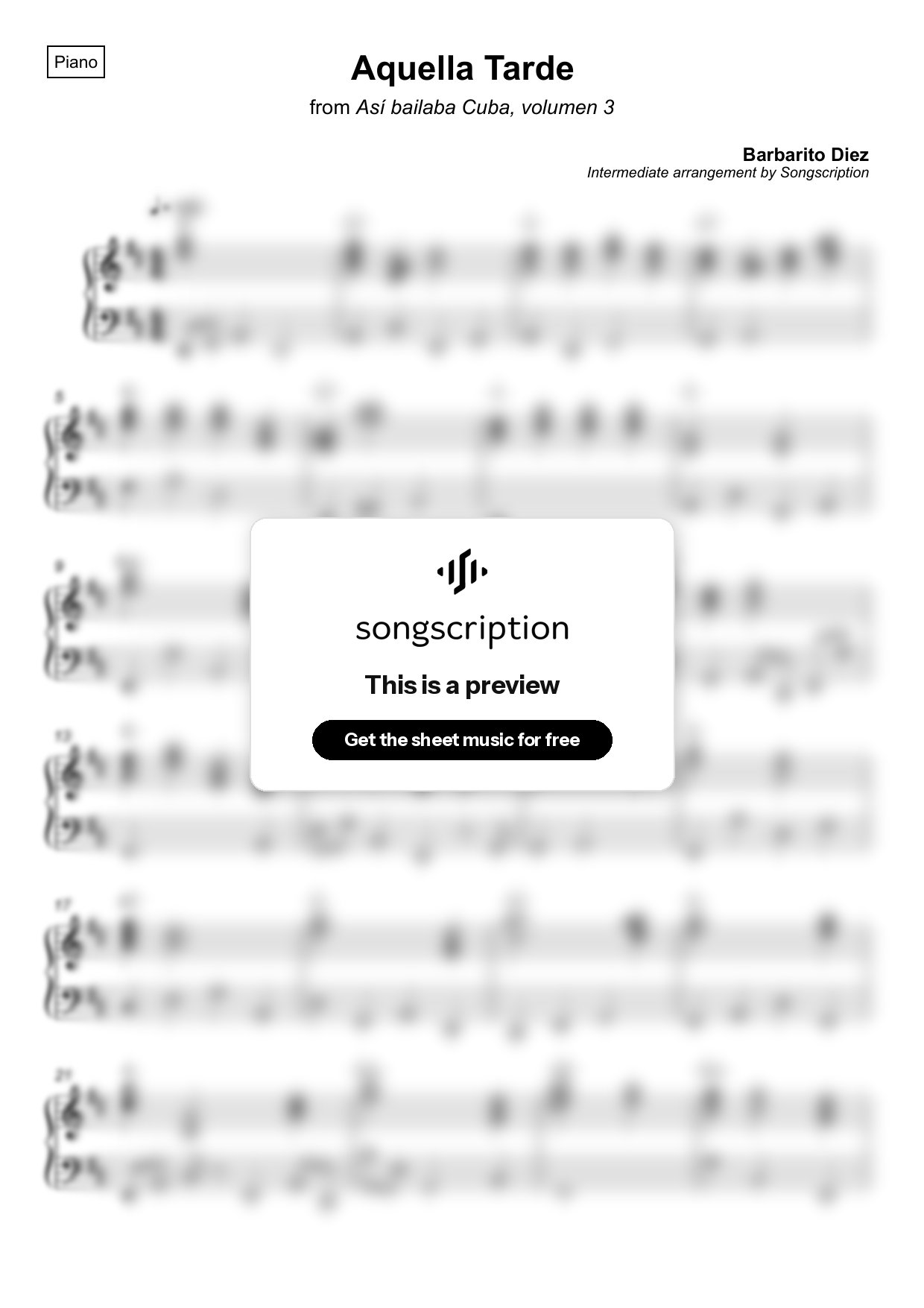 Intermediate Piano Sheet Music for "Aquella Tarde" by Barbarito Diez