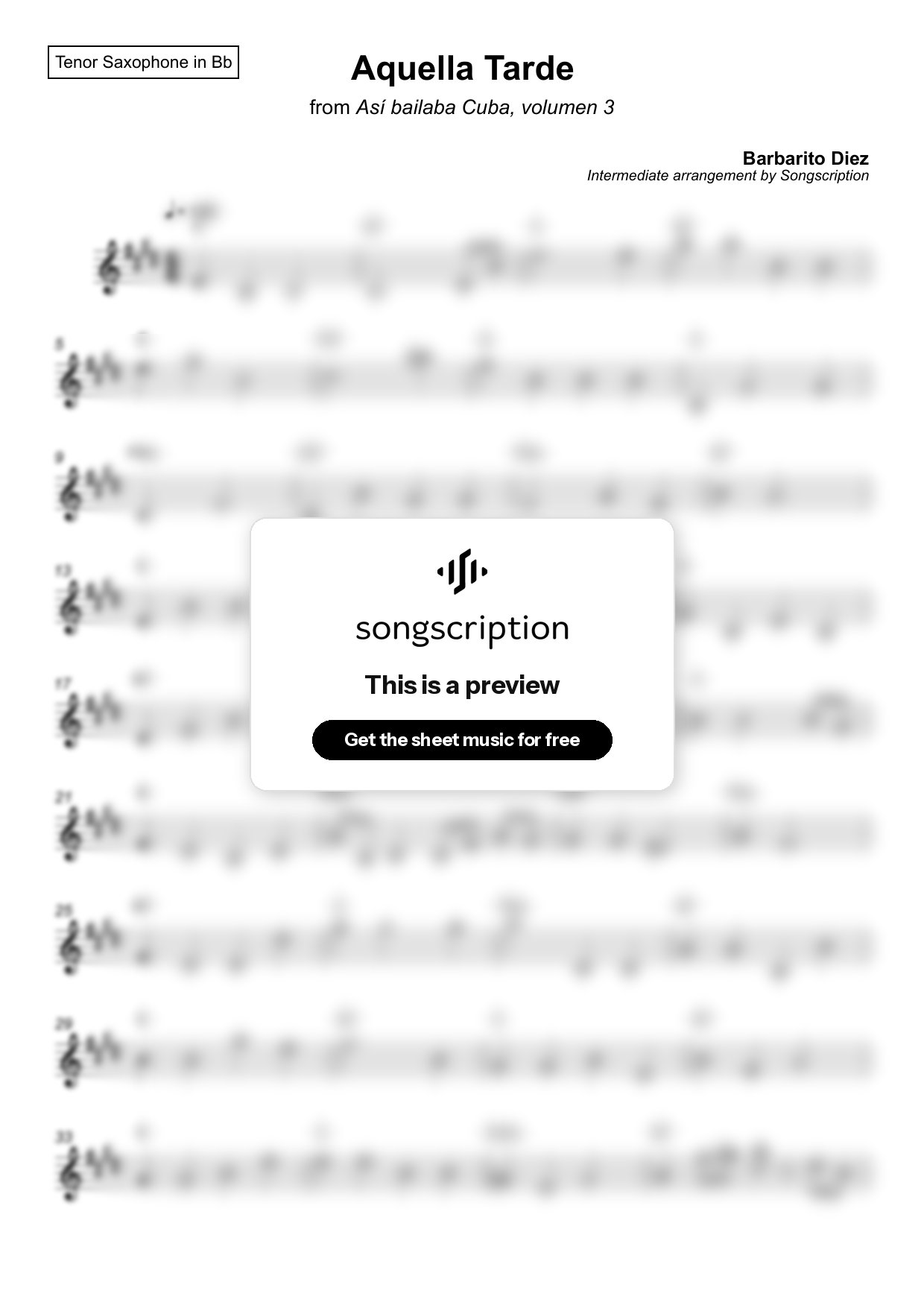 Intermediate Tenor Sax Sheet Music for "Aquella Tarde" by Barbarito Diez