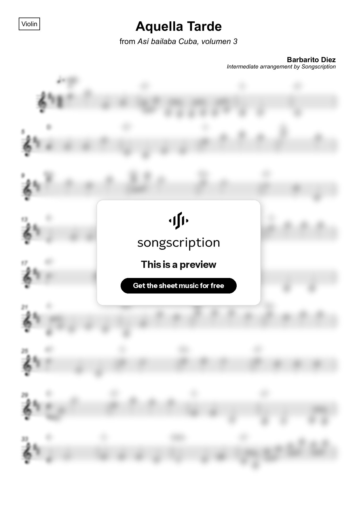 Intermediate Violin Sheet Music for "Aquella Tarde" by Barbarito Diez