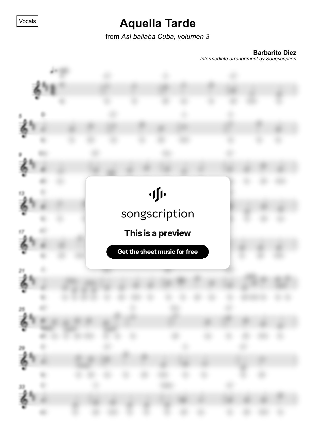 Intermediate Vocals Sheet Music for "Aquella Tarde" by Barbarito Diez