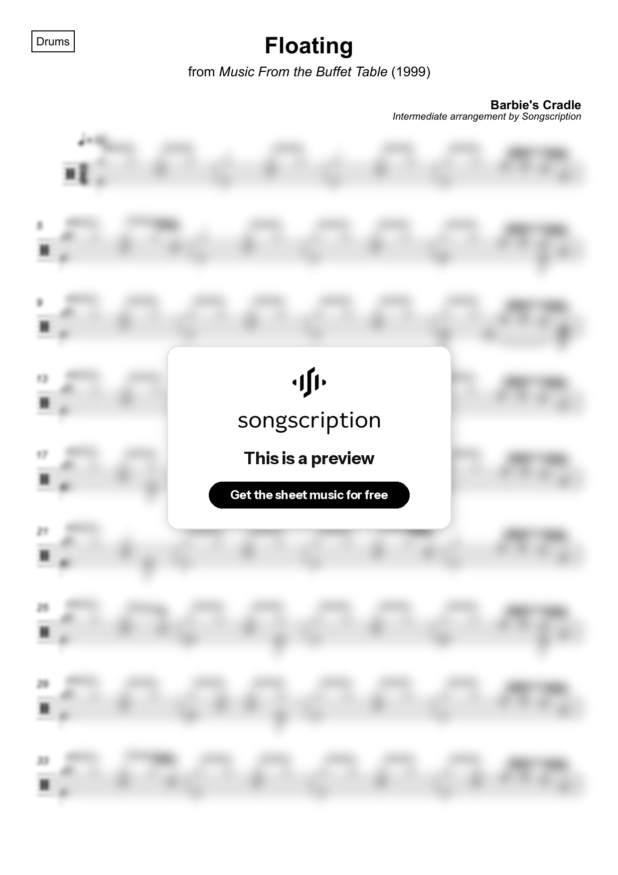 Intermediate Drums Sheet Music for "Floating" by Barbie's Cradle