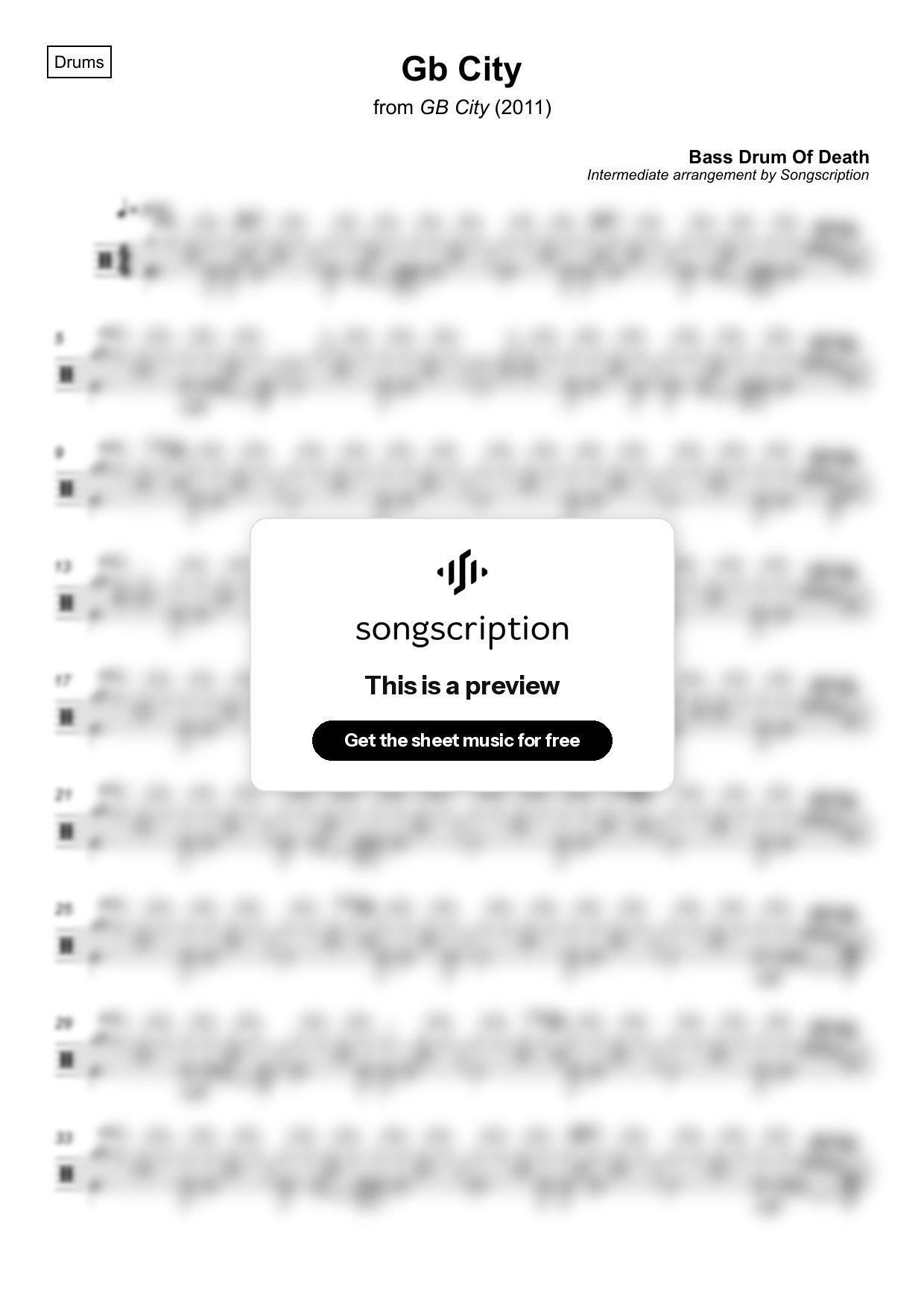 Intermediate Drums Sheet Music for "Gb City" by Bass Drum Of Death
