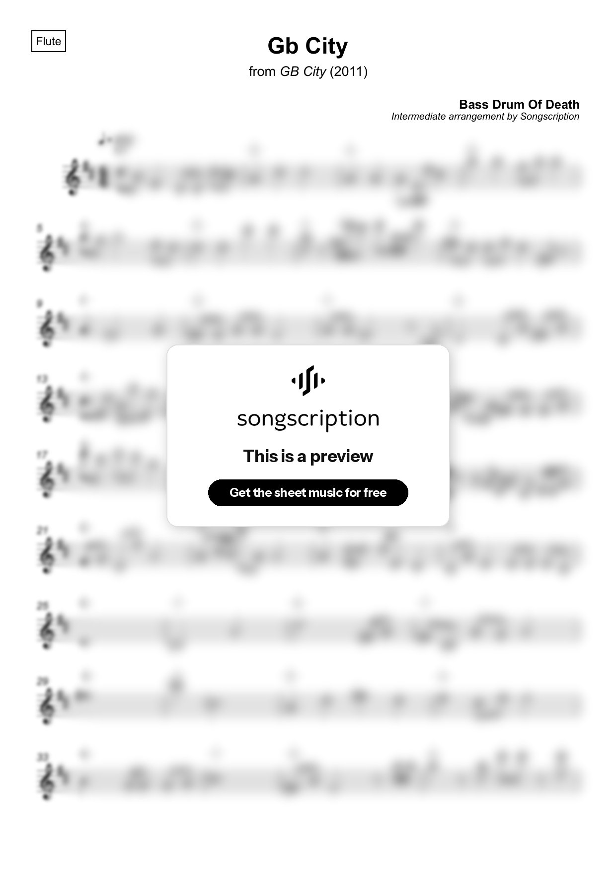 Intermediate Flute Sheet Music for "Gb City" by Bass Drum Of Death