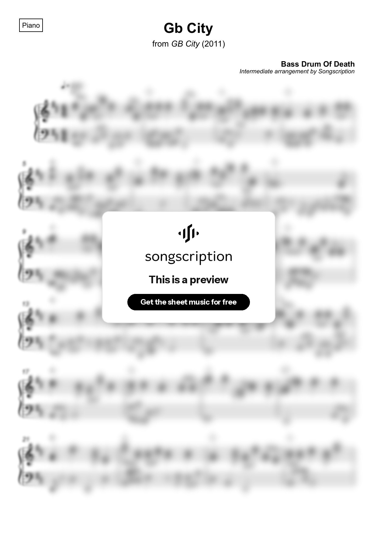 Intermediate Piano Sheet Music for "Gb City" by Bass Drum Of Death