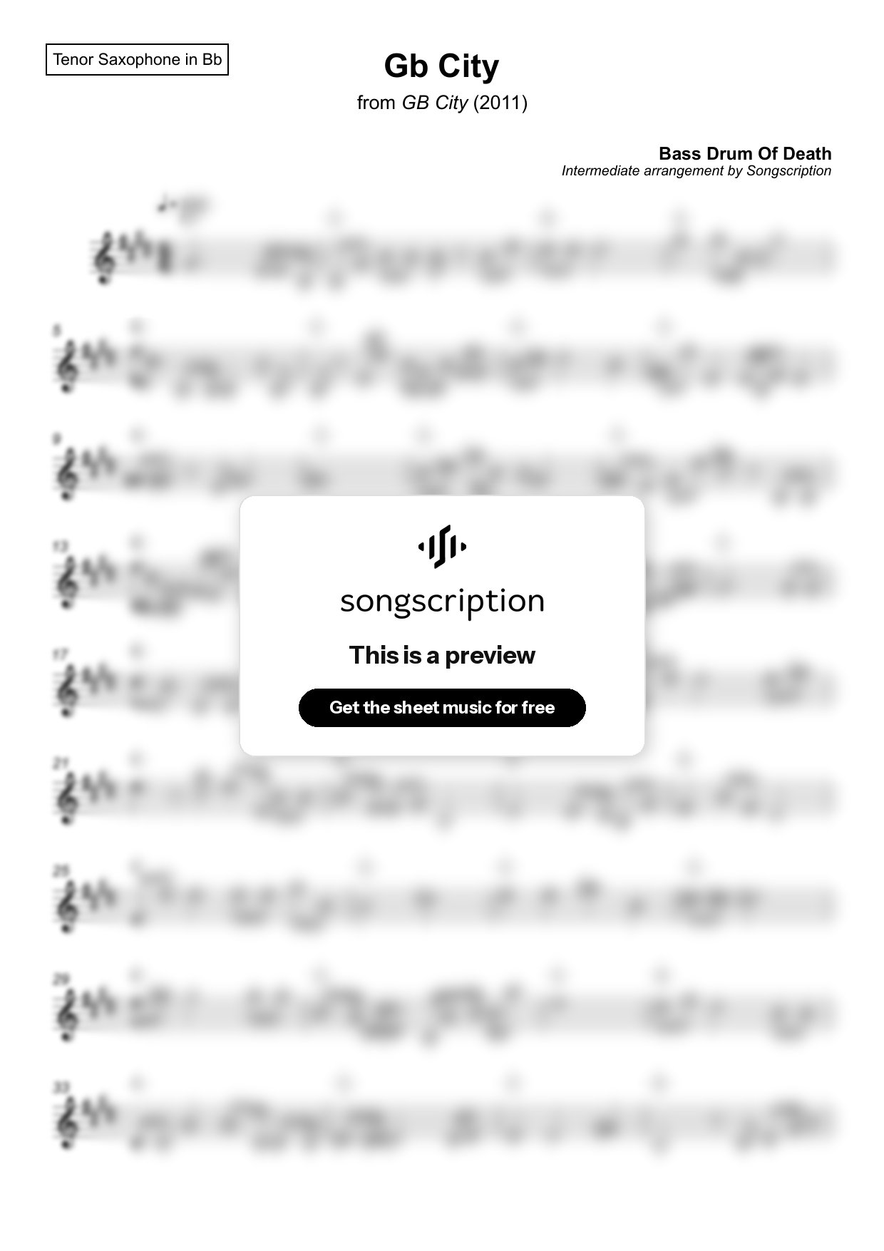Intermediate Tenor Sax Sheet Music for "Gb City" by Bass Drum Of Death