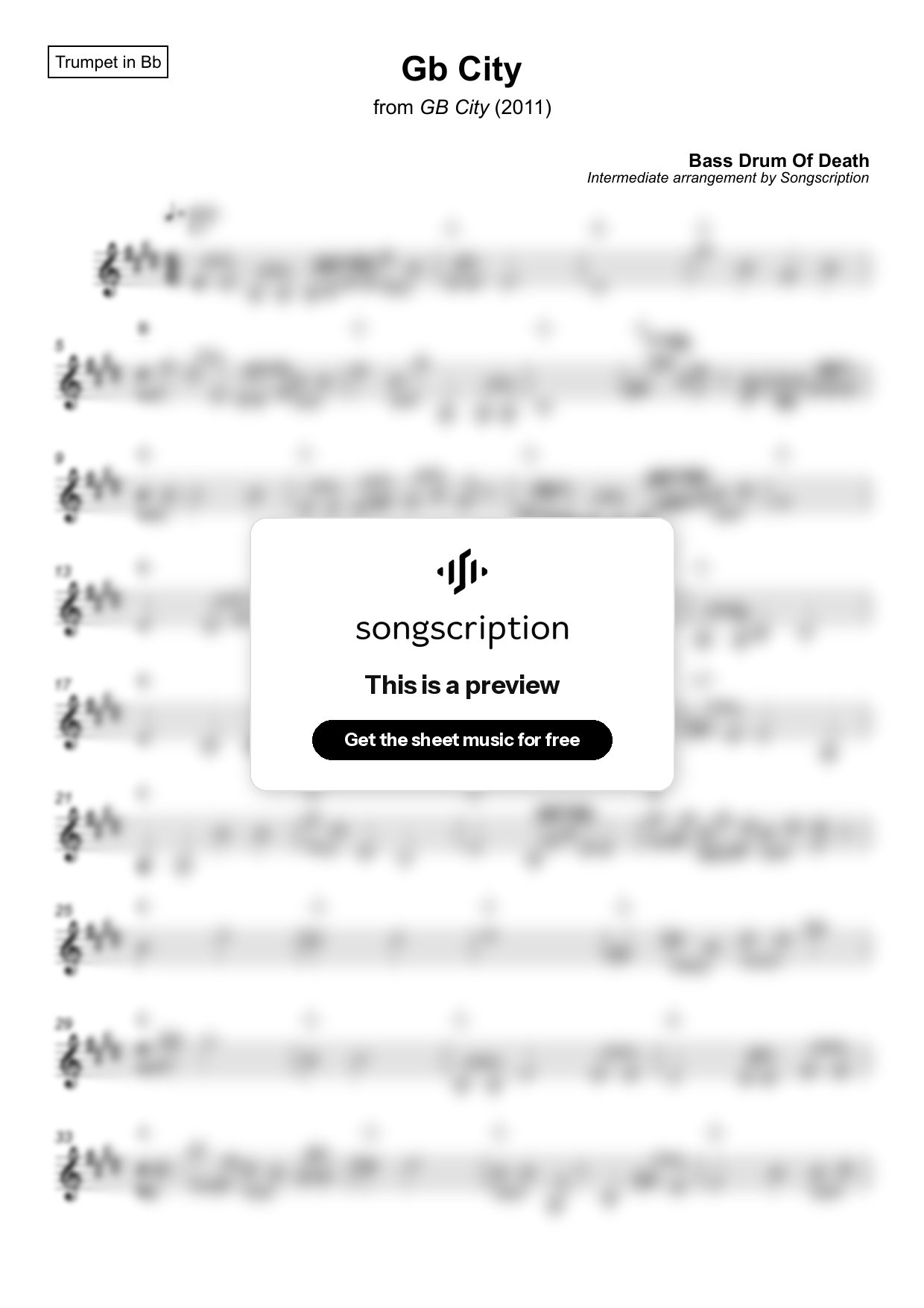 Intermediate Trumpet Sheet Music for "Gb City" by Bass Drum Of Death
