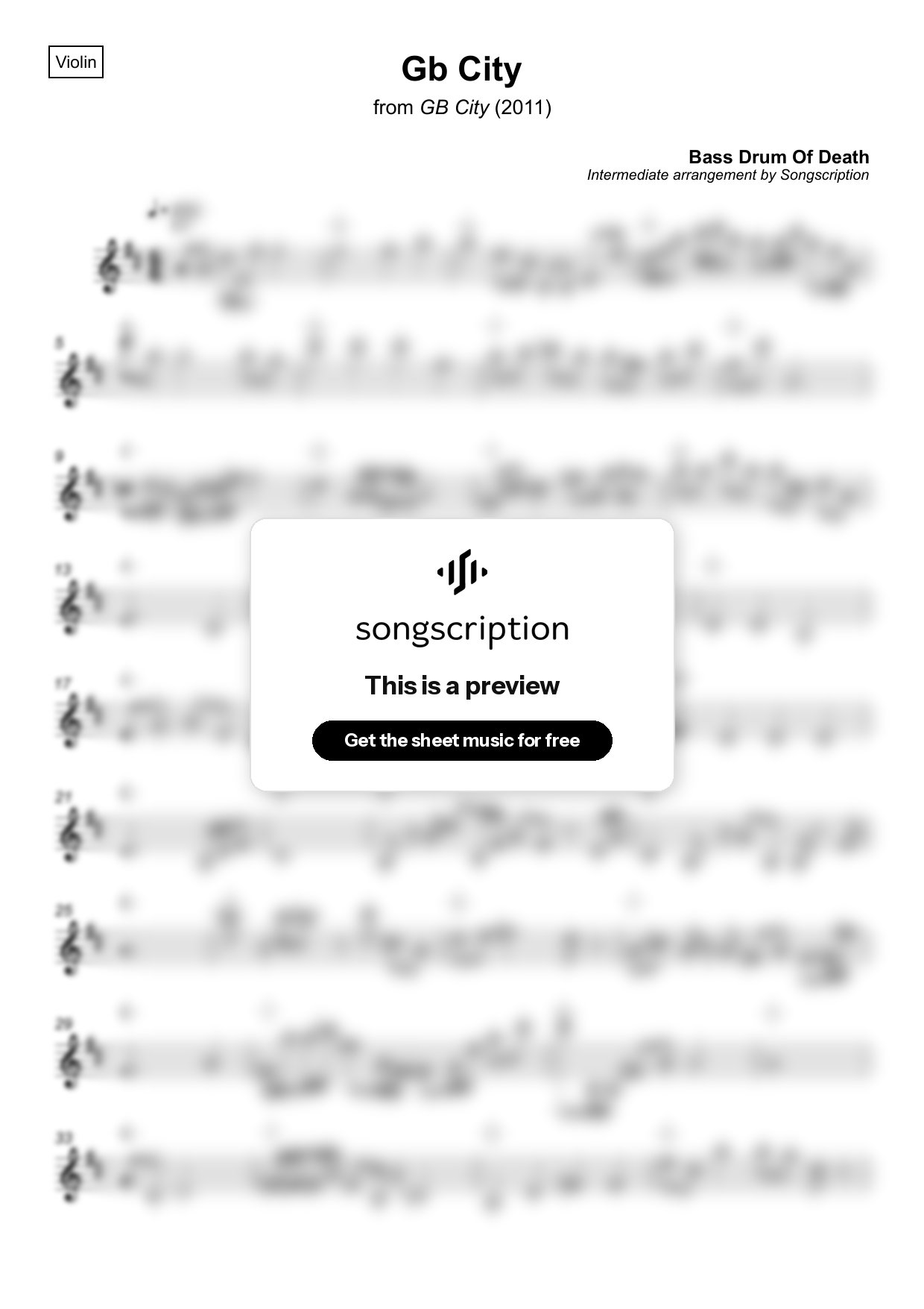 Intermediate Violin Sheet Music for "Gb City" by Bass Drum Of Death