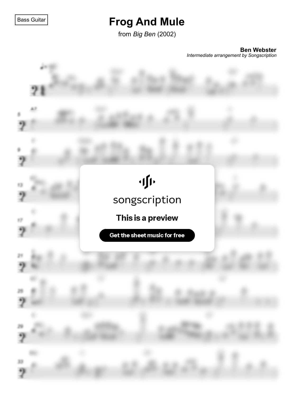 Intermediate Bass Guitar Sheet Music for "Frog And Mule" by Ben Webster
