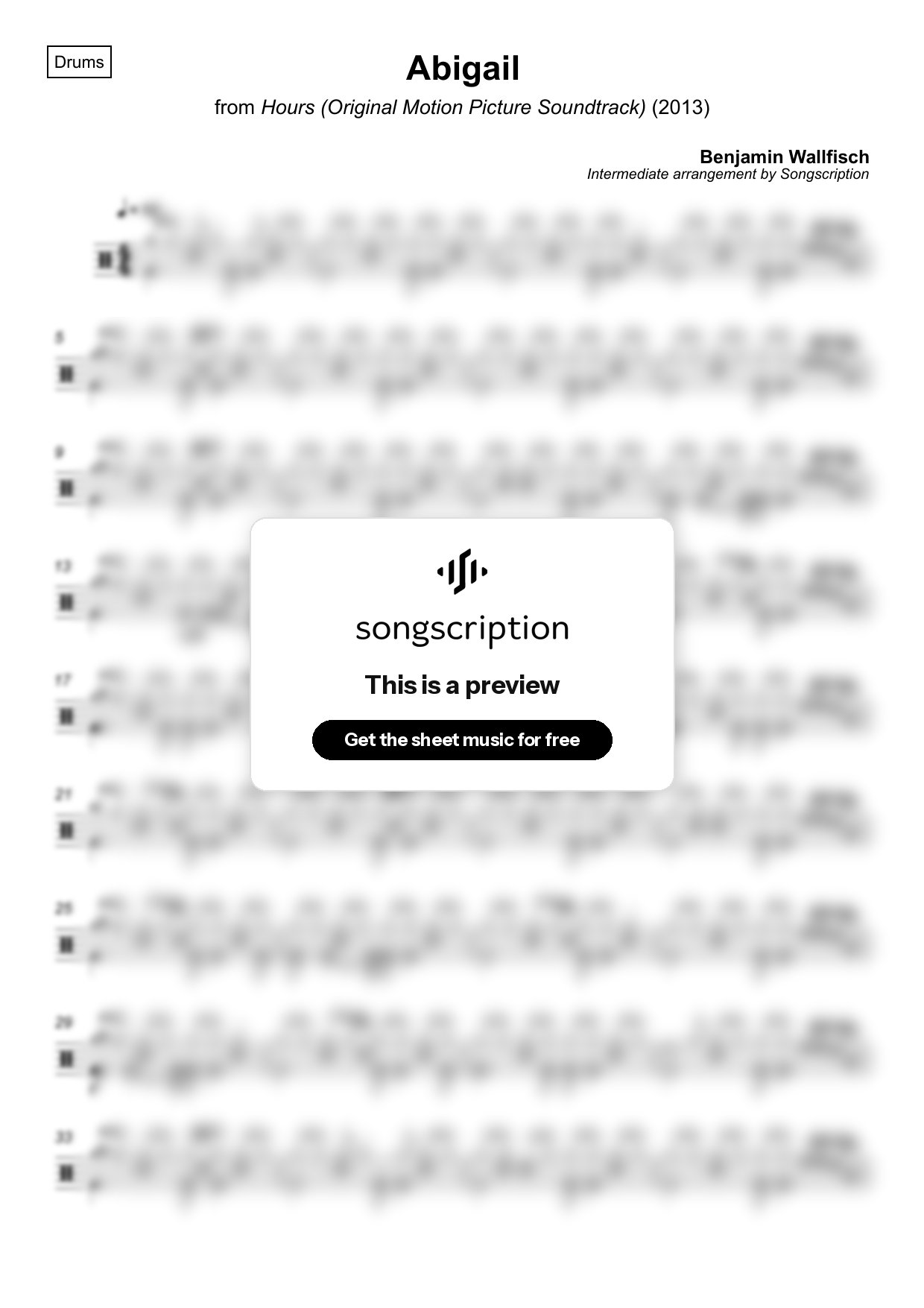 Intermediate Drums Sheet Music for "Abigail" by Benjamin Wallfisch