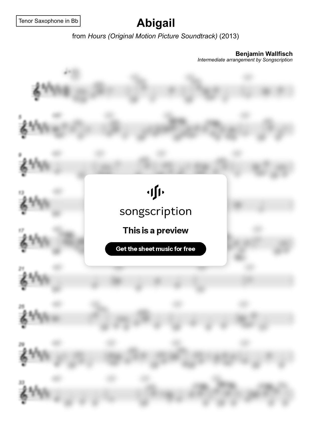 Intermediate Tenor Sax Sheet Music for "Abigail" by Benjamin Wallfisch