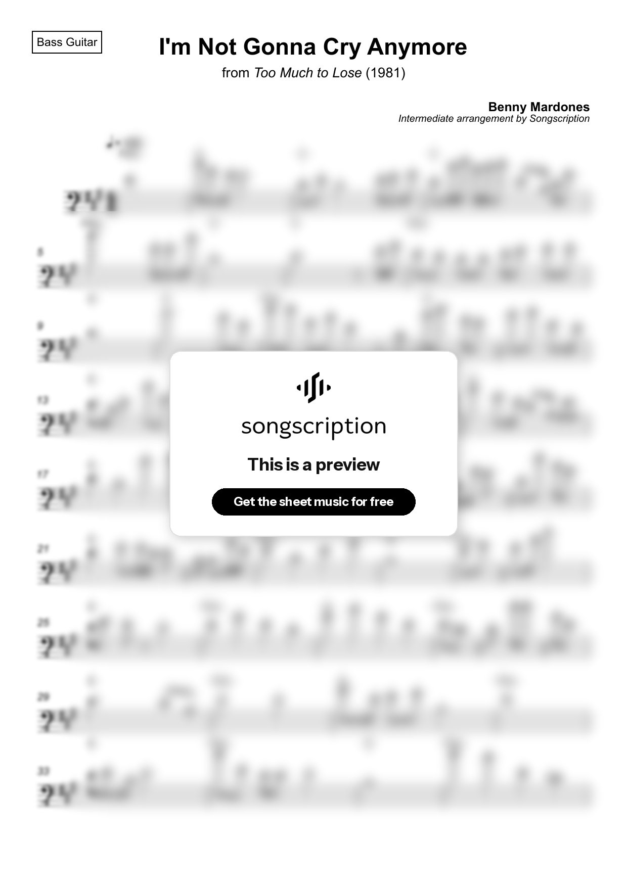 Intermediate Bass Guitar Sheet Music for "I'm Not Gonna Cry Anymore" by Benny Mardones